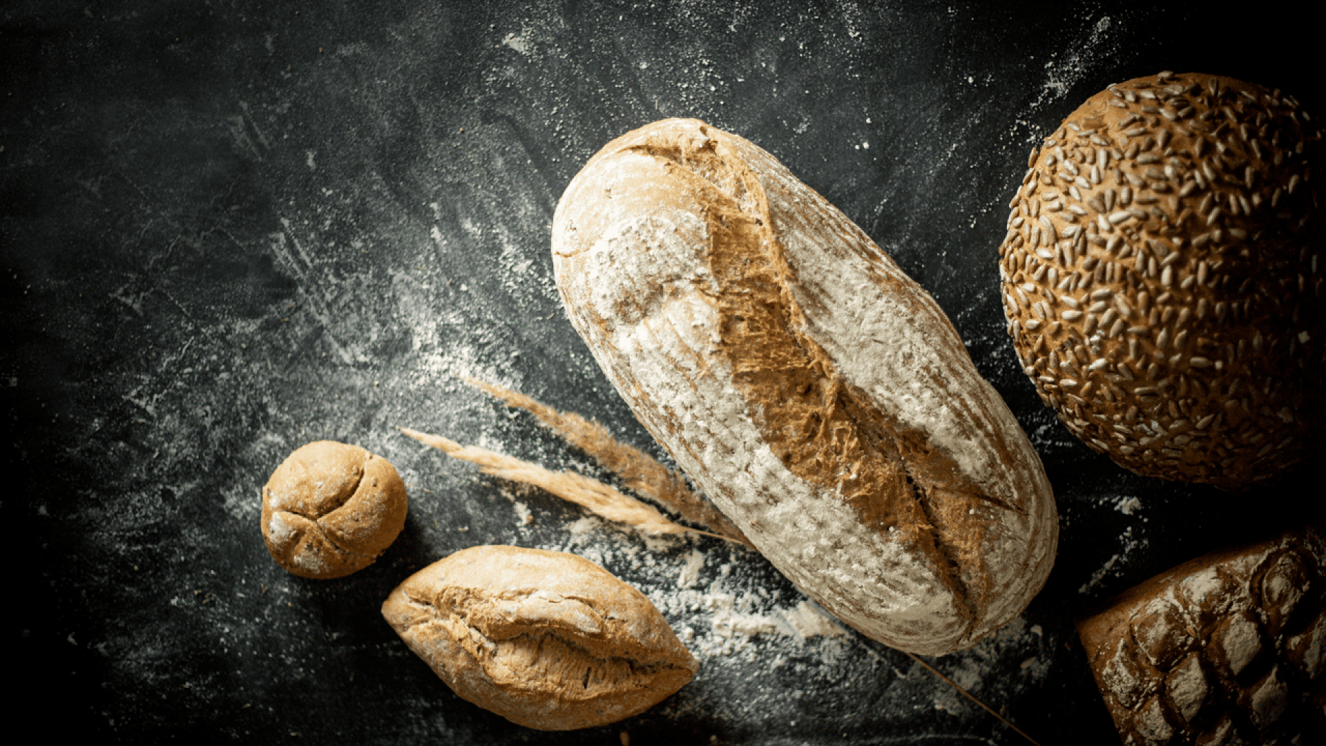 Verschiedene handwerklich hergestellte Brote, darunter ein rundes Saatenbrot, ein langes, rustikales Brot und kleine Brötchen, sind auf einer dunklen, mit Mehl bestäubten Fläche angeordnet, in deren Nähe Weizenstängel verstreut sind.