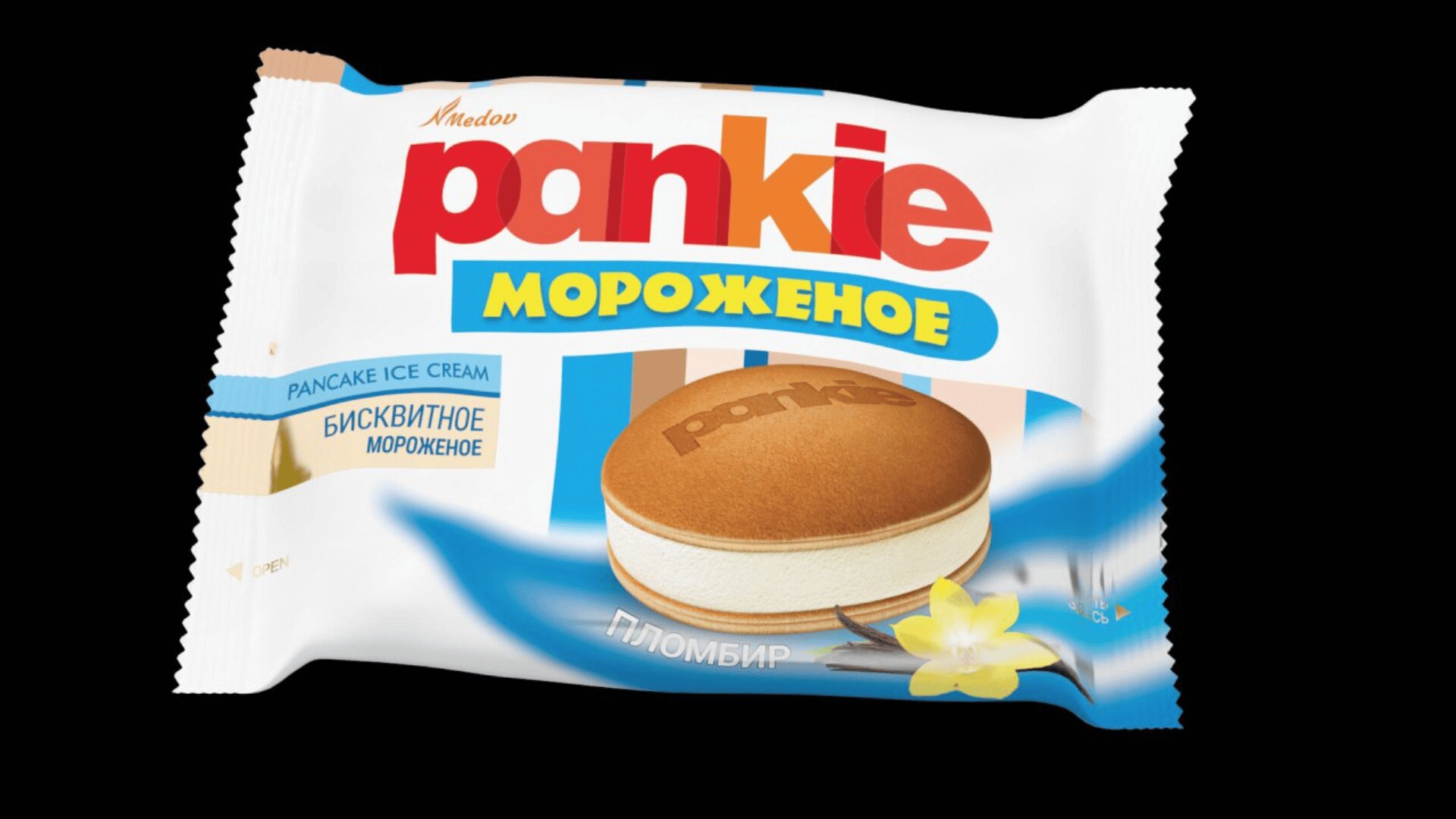 A package of Russian pancake ice cream labeled Pankie with an image of the ice cream sandwich, vanilla flower, and blue and white background. The text on the package is in Russian and English.