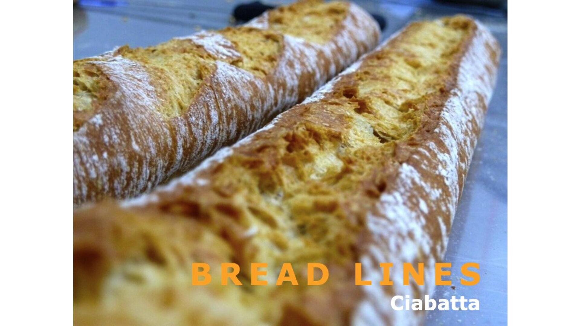 Zwei goldbraune Ciabatta-Brote mit knuspriger, strukturierter Kruste und Mehlbestäubung, die auf einem Tablett liegen. Der Text auf dem Tablett lautet BREAD LINES in Orange und Ciabatta in Weiß.