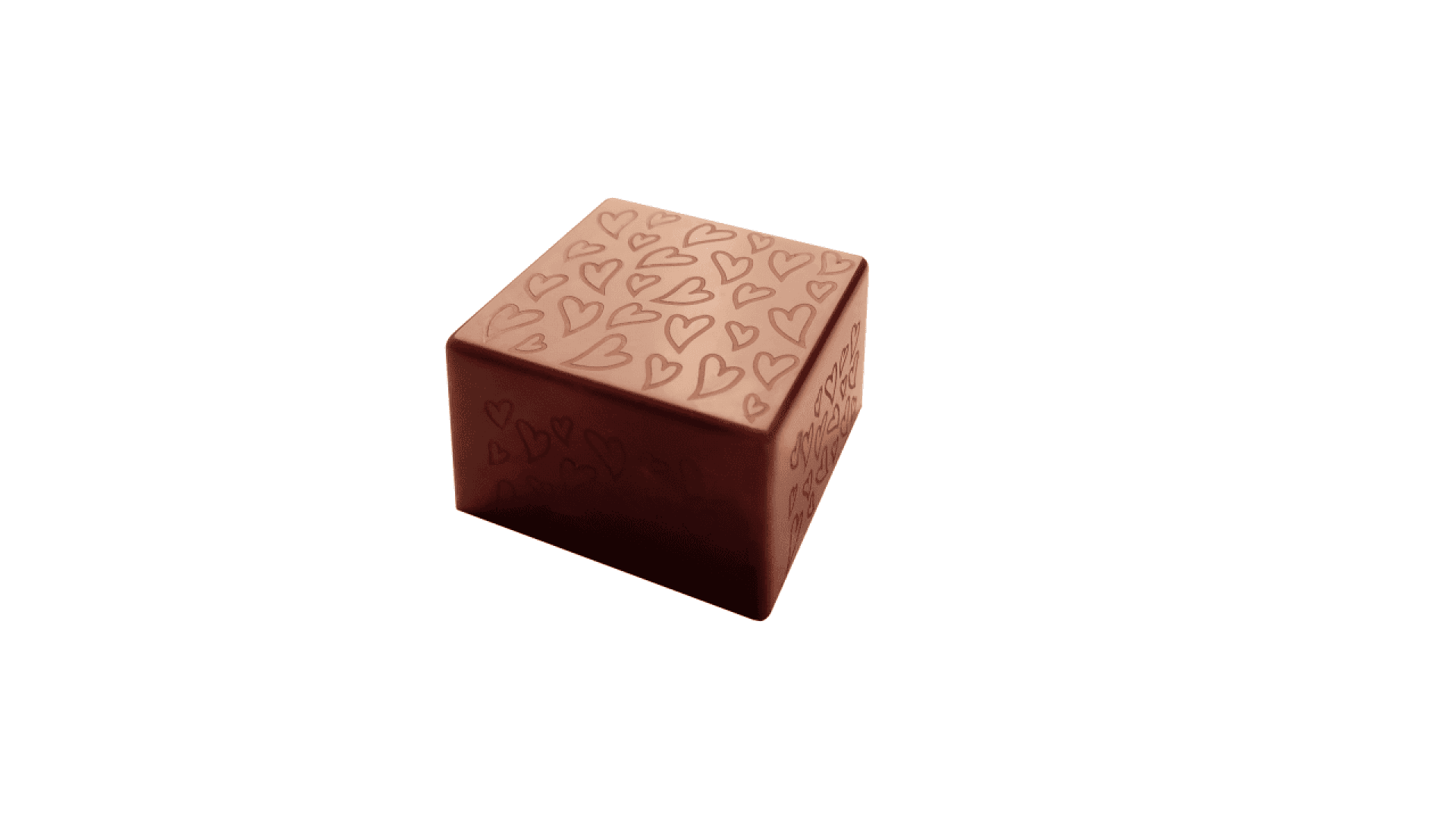 A single square piece of milk chocolate with engraved heart patterns on its top and sides, displayed against a white background.