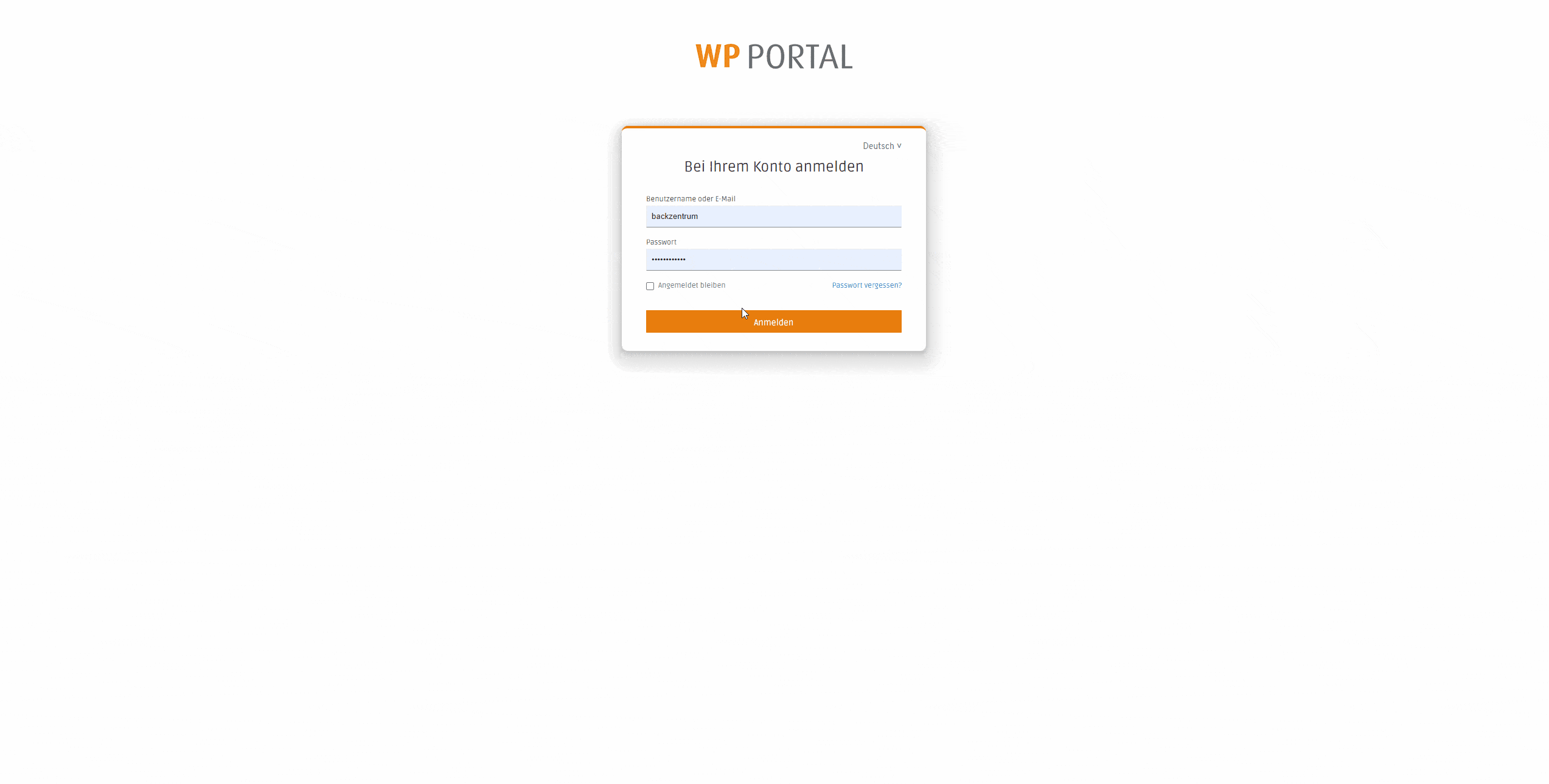 Login page for WP Portal in German. Fields for username and password, a checkbox to stay signed in, and buttons for anmelden (login), Passwort vergessen? (forgot password), and language selection.