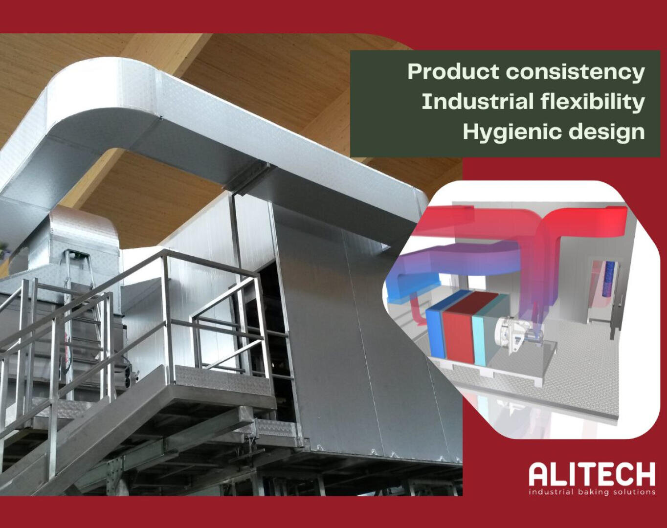 Industrial baking equipment with large metal ducting and a platform, alongside a digital rendering of the system. Text highlights product consistency, industrial flexibility, and hygienic design. ALITECH logo is at the bottom.