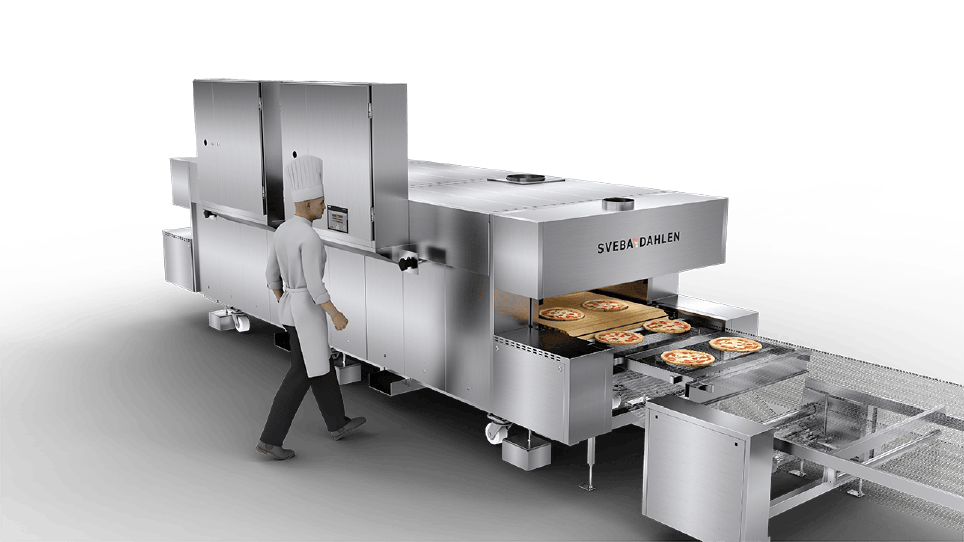 A chef operates a large industrial pizza oven, monitoring multiple pizzas on trays moving through the stainless steel machine labeled Sveba Dahlen in a clean, modern setting.