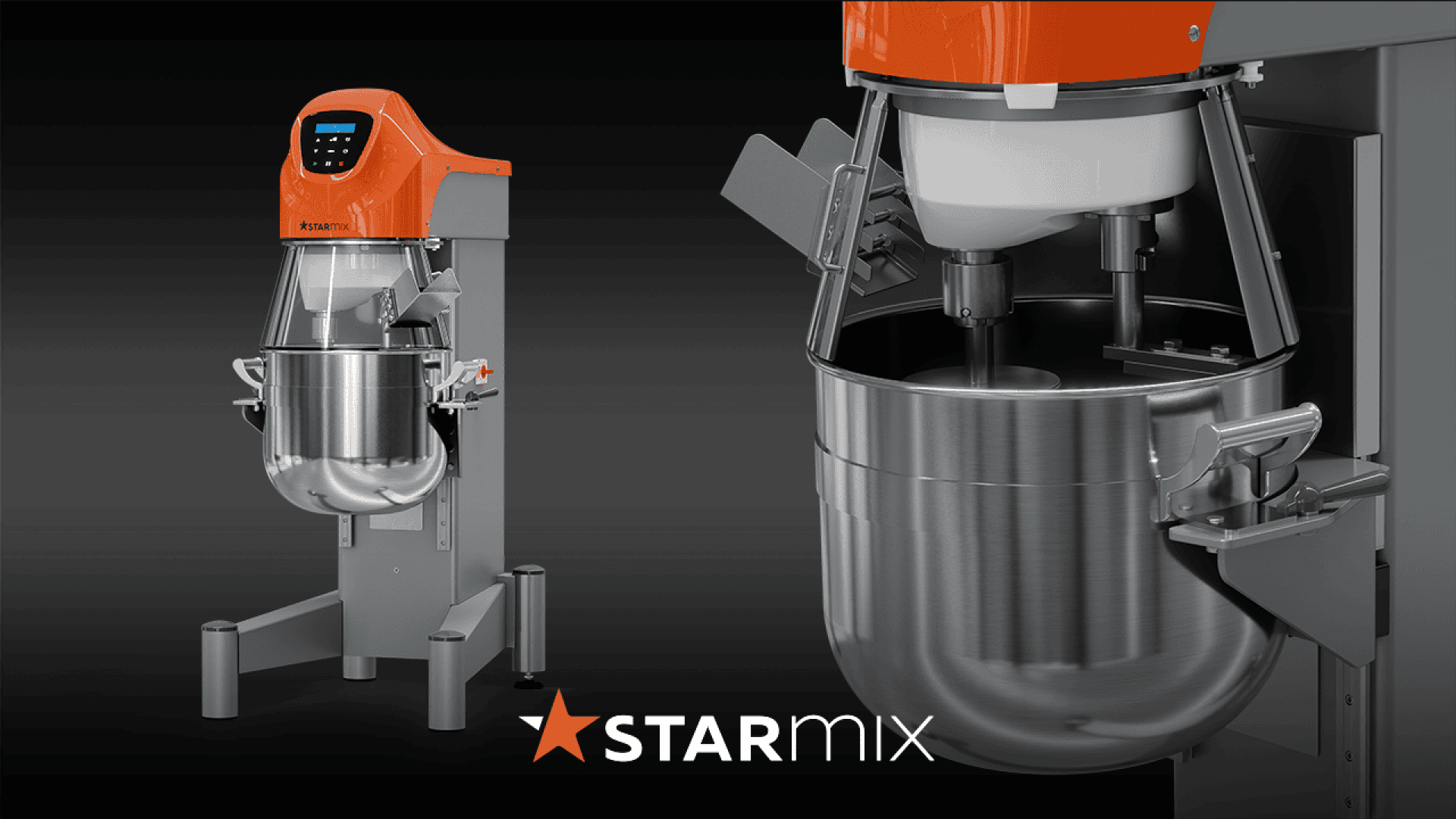 A professional orange and silver industrial mixer with a digital control panel and large metal mixing bowl, shown from two angles on a dark background with the STARmix logo at the bottom.