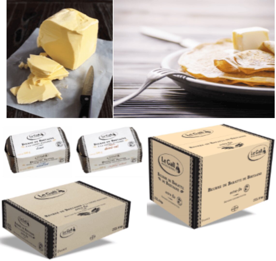 Assorted images of butter: a block of butter with slices and a knife, a pat of butter on crepes, and several boxes of Le Gall Beurre de Baratte artisanal butter in different packaging.