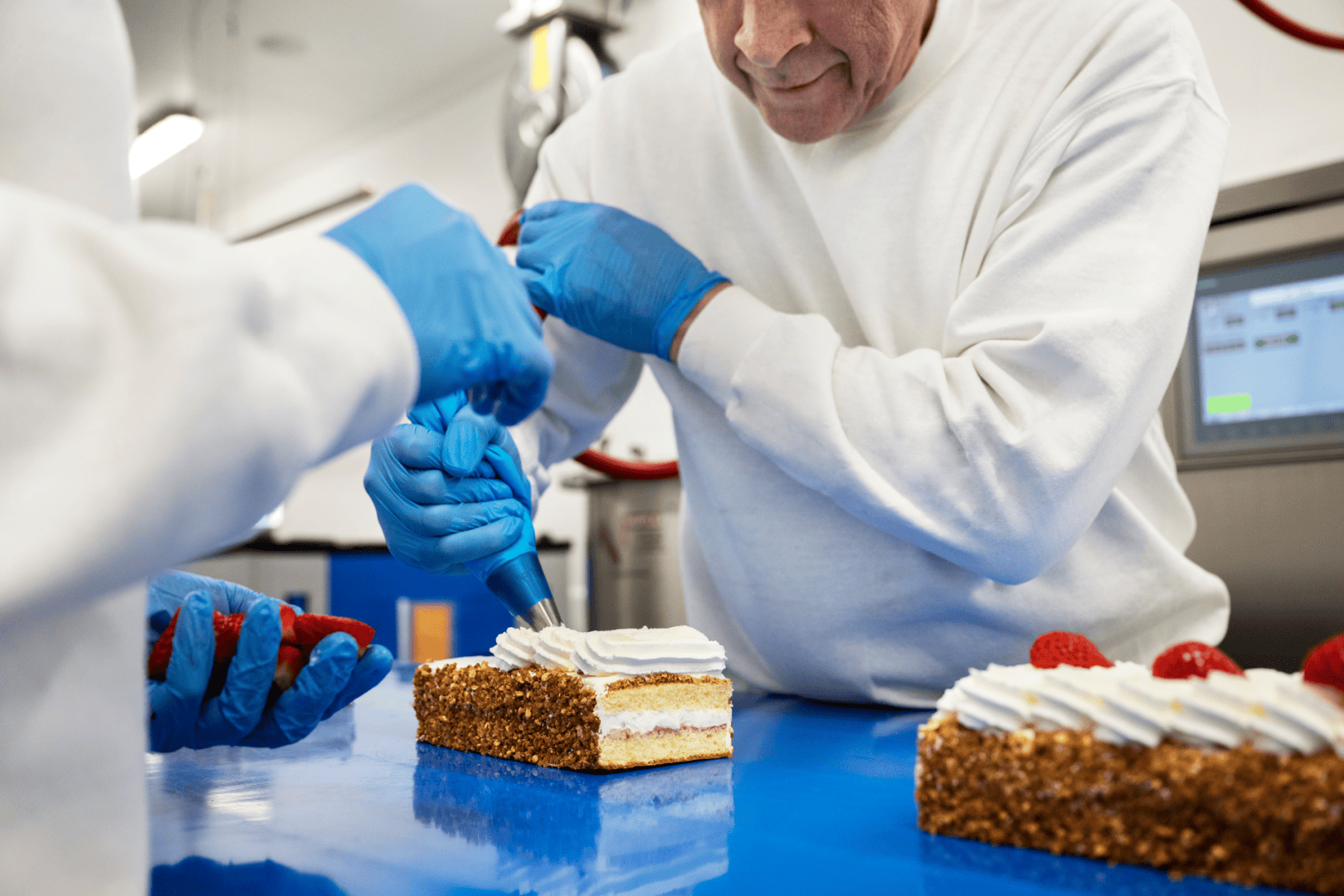 Two people wearing blue gloves and white shirts decorate rectangular cakes; one pipes whipped cream, while the other places strawberries on top in a bakery or food production setting.