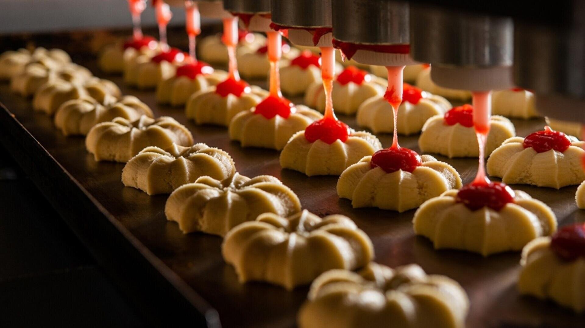 Rows of unbaked butter cookies on a tray are topped with red jelly by a machine, with nozzles dispensing the topping onto each cookie in a bakery setting.