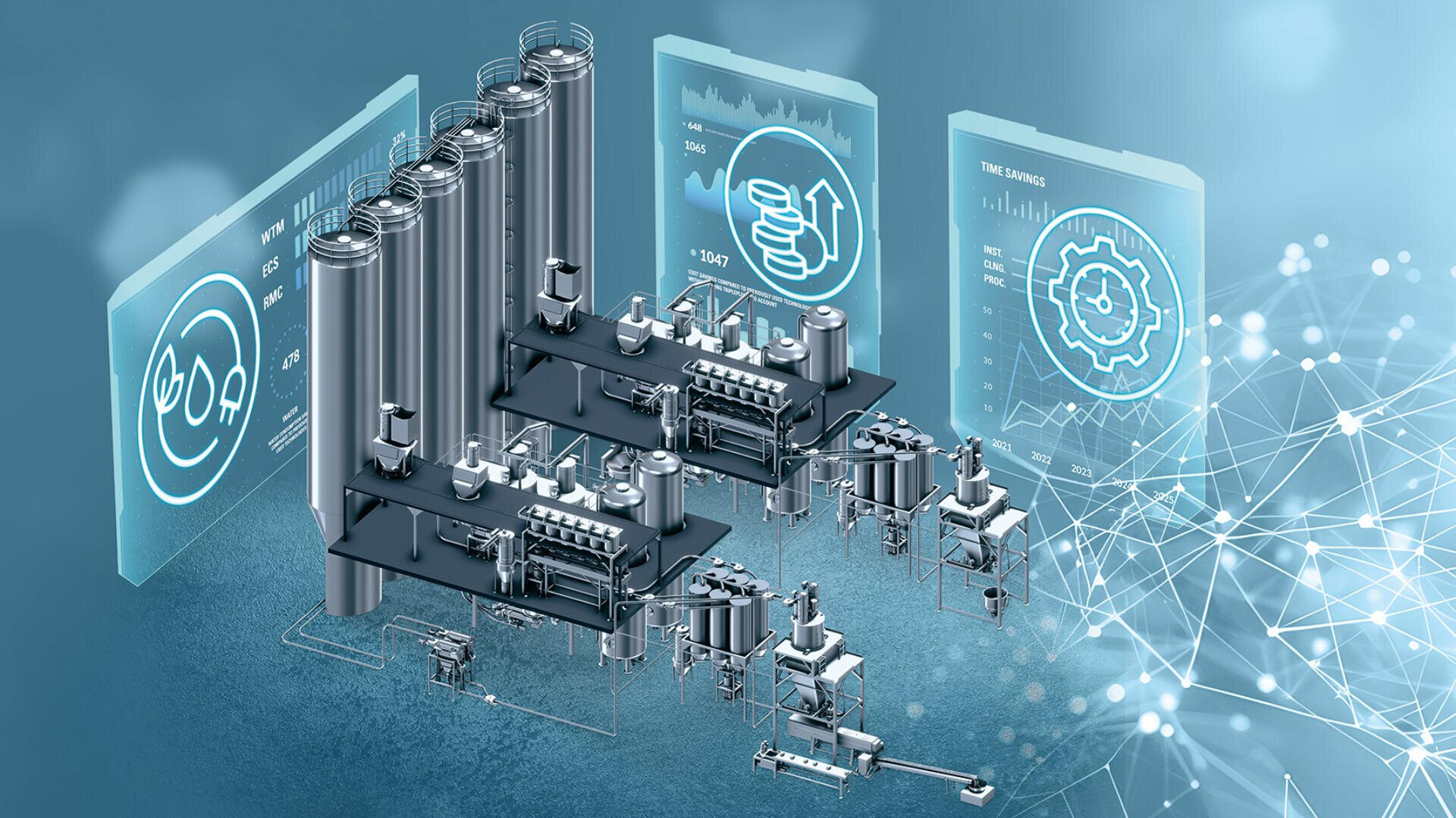 Ein digitales Rendering einer Industrieanlage mit Maschinen und hohen Tanks, überlagert von durchsichtigen Bildschirmen mit Datentabellen, einer Hand, die Münzen hält, und einem Getriebe, das Technologie und Automatisierung in der Industrie symbolisiert.