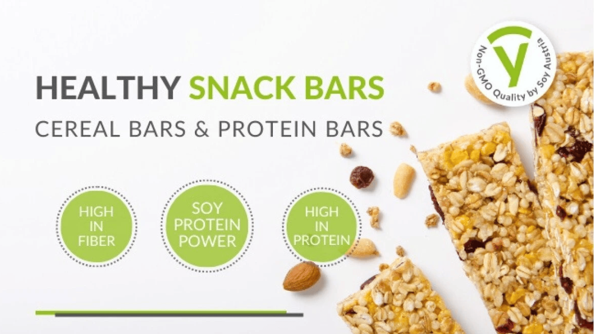 Bild einer Werbung für gesunde Snack-Riegel, die Müsli- und Proteinriegel mit Nüssen zeigt. Der Text hebt "Gesunde Snack-Riegel" und die Vorteile hervor: "Hoher Ballaststoffgehalt", "Sojaprotein-Power" und "Hoher Proteingehalt". Inklusive Non-GMO-Qualitätssiegel.