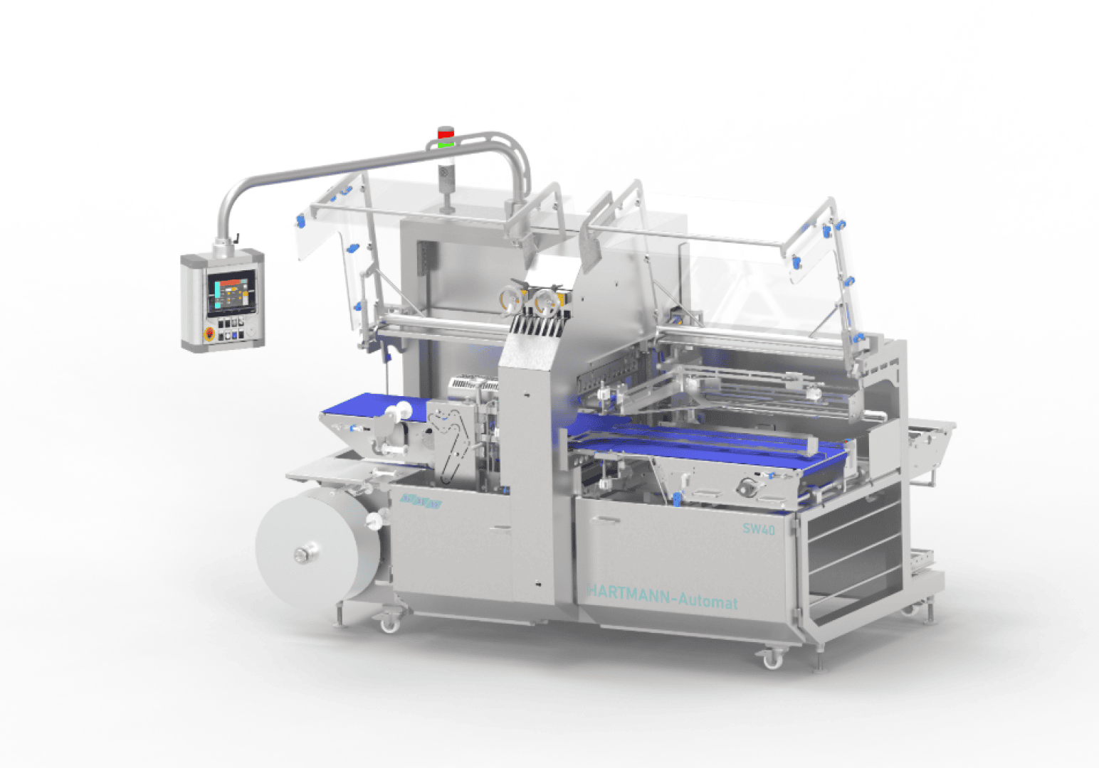 Industrielle Verpackungsmaschine mit Förderbändern, Bedienfeld und transparenten Schutzvorrichtungen für die automatisierte Produkthandhabung und -verpackung. Die Maschine ist überwiegend metallisch und verfügt über blaue Förderbänder.