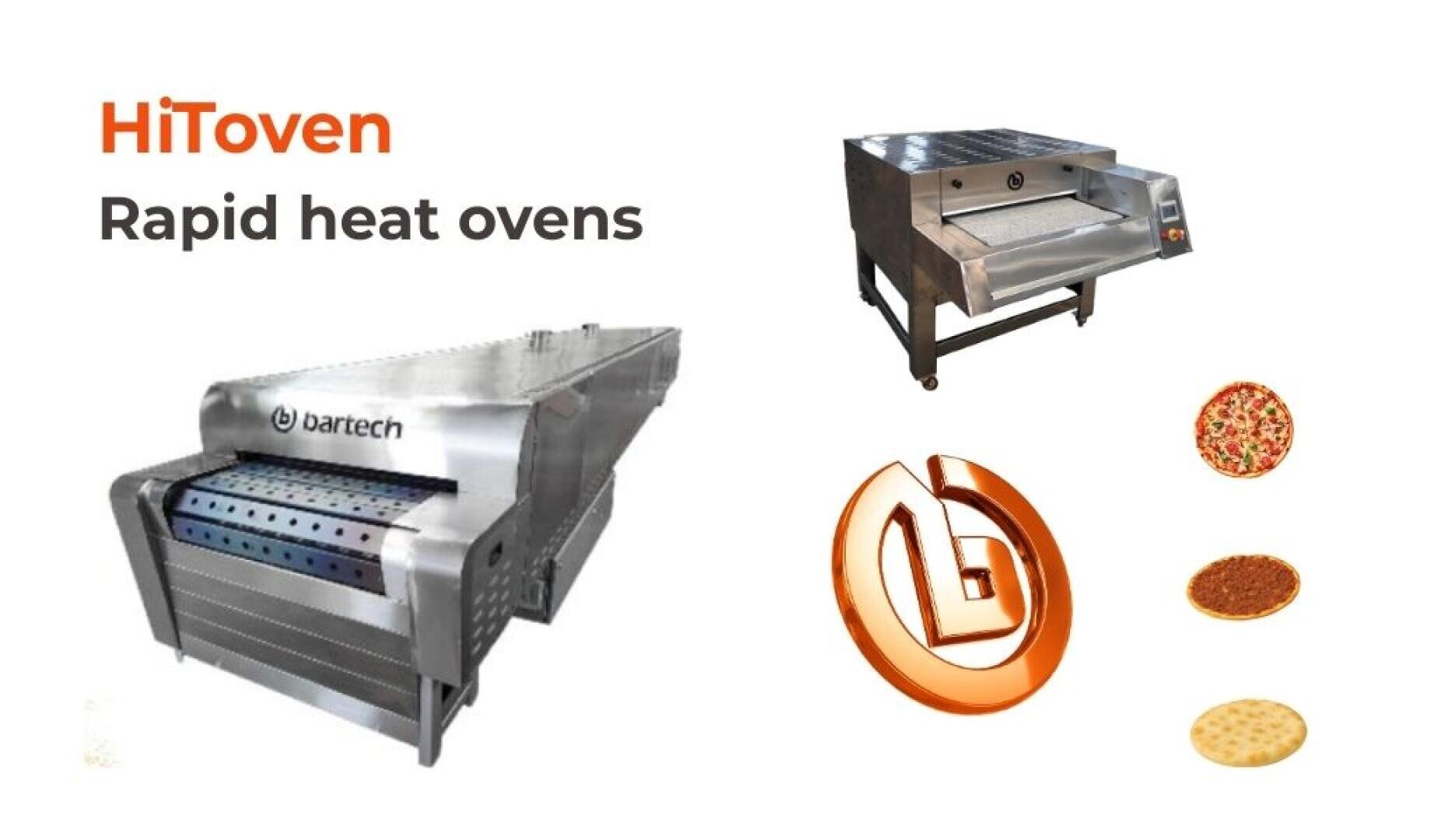 Zwei Industrieöfen mit der Aufschrift „Bartech“ und „HiToven Rapid Heat Ovens“ mit Bildern einer Pizza, eines Fladenbrots und eines Kekses sowie einem orangefarbenen abstrakten Logo.
