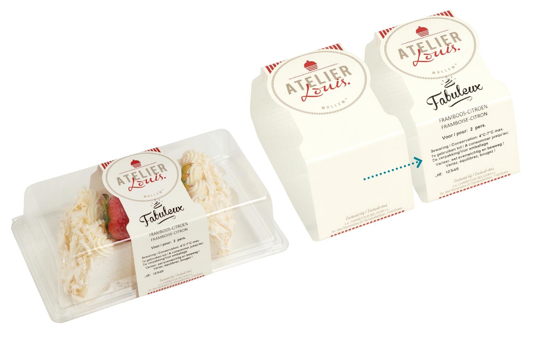 A clear plastic container holds two slices of raspberry lemon cake, each topped with a strawberry. The packaging displays the Atelier Louis brand and product details on cream-colored labels.