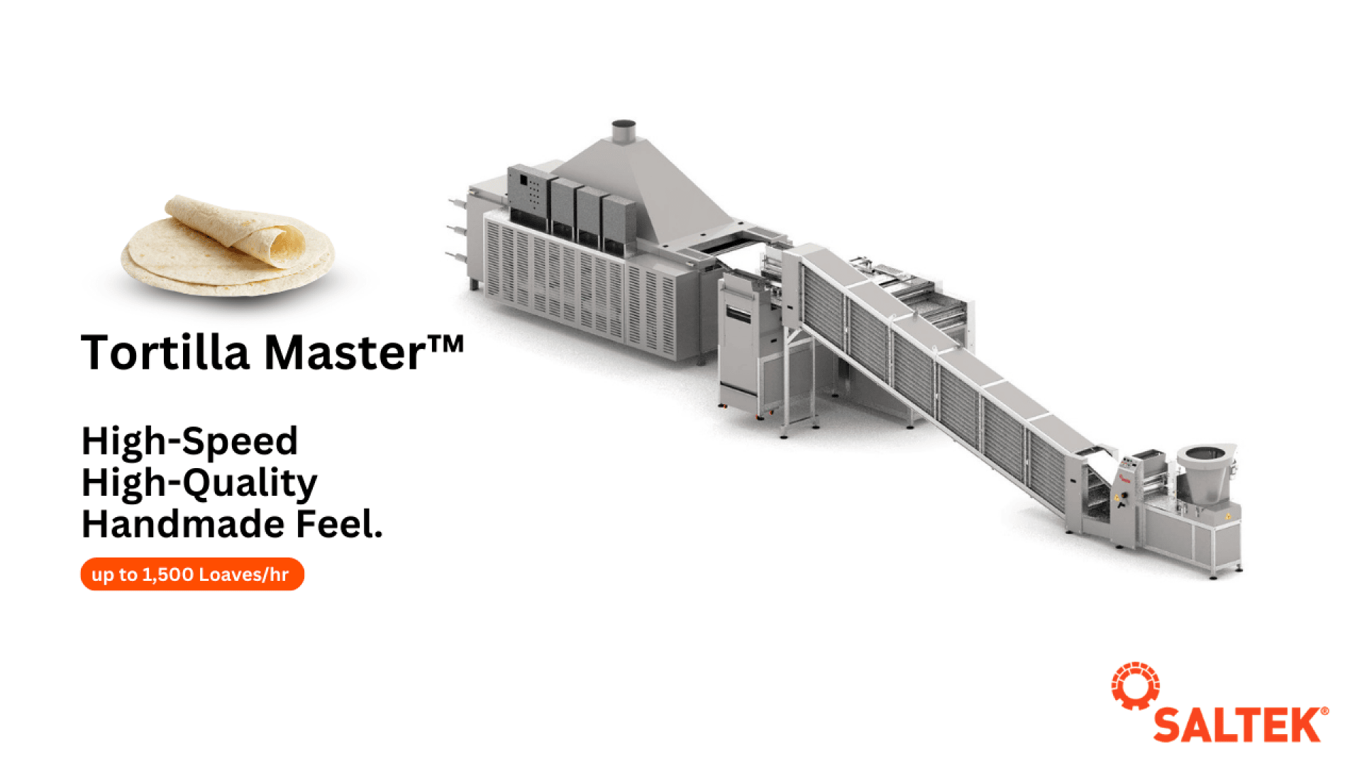 Industrial tortilla-making machine with tortillas on the left, text reading Tortilla Master™ High-Speed, High-Quality, Handmade Feel. Up to 1,500 Loaves/hr and the SALTEK logo in the bottom right corner.