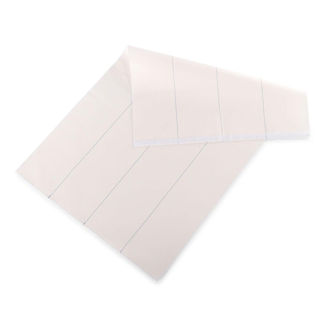 Ein Blatt weißes Pergamentpapier mit gleichmäßig verteilten blauen Linien in Längsrichtung, an einer Ecke umgeschlagen, auf weißem Hintergrund.