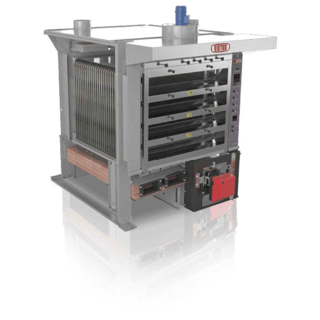 Industrial bakery oven with multiple horizontal baking chambers, metal frame, control panel on the side, and a red burner unit at the bottom front, viewed at an angle on a white background.