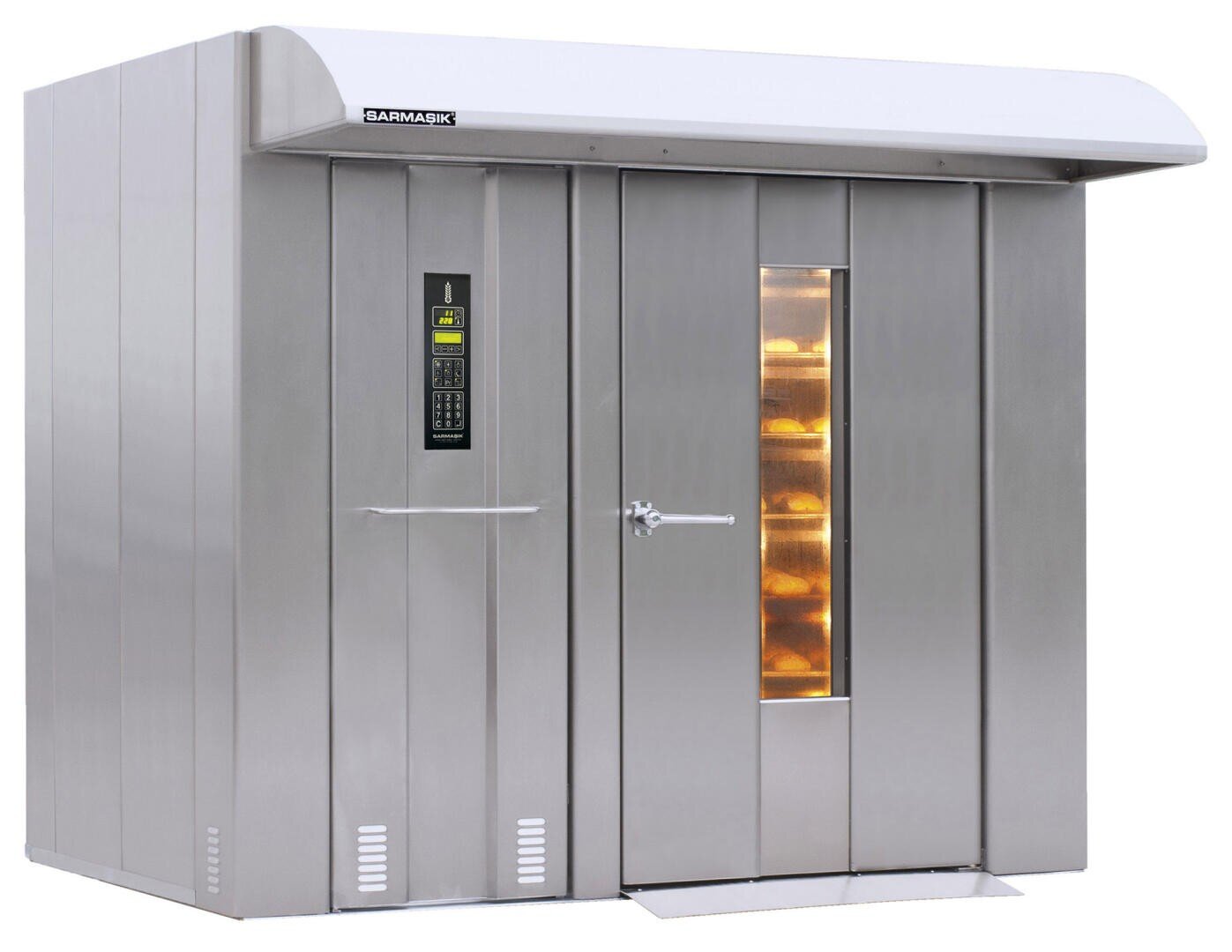 A large industrial stainless steel oven with a digital control panel on the left and a glass window on the right door, showing racks of bread baking inside.