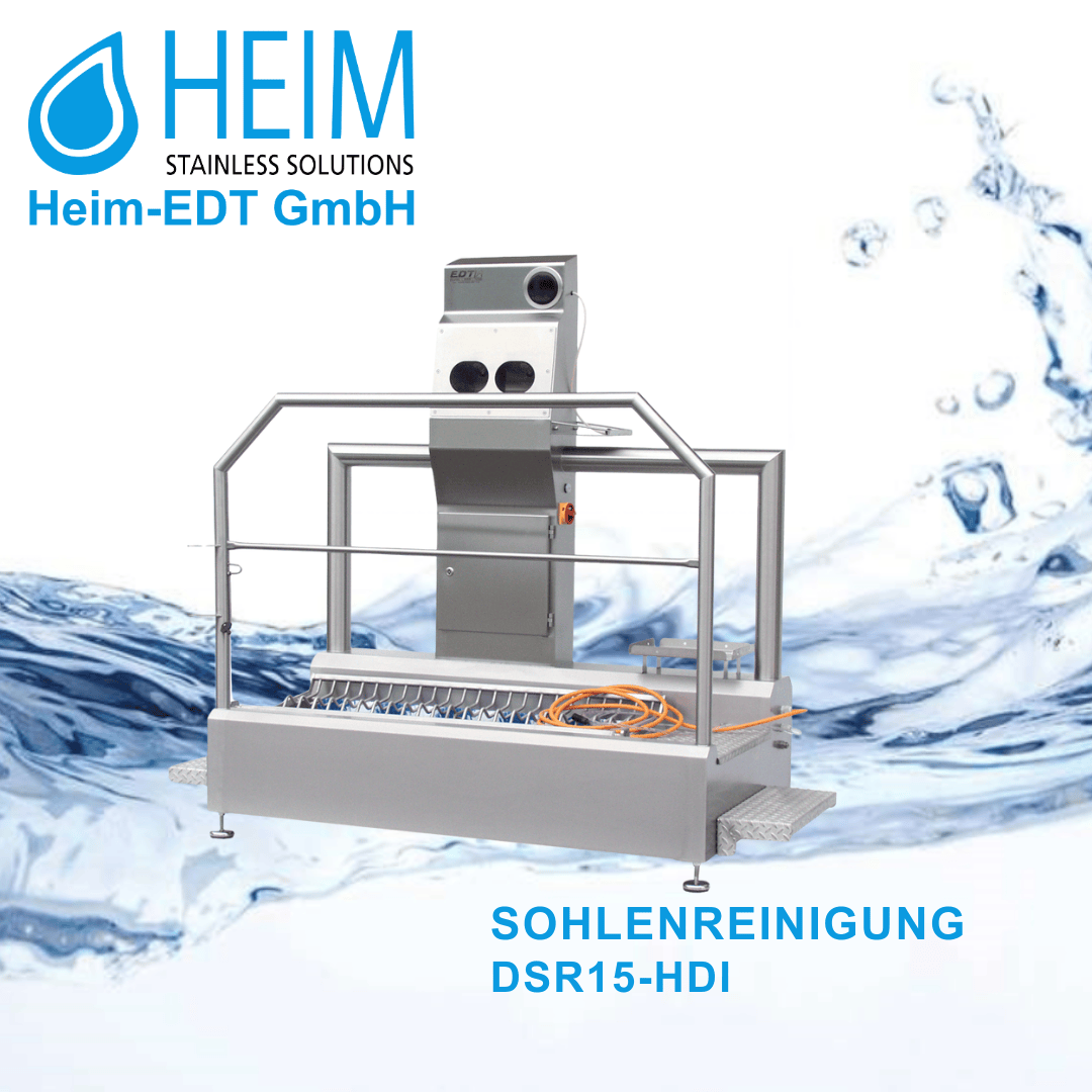 Industrielle Edelstahl-Sohlenreinigungsmaschine (DSR15-HDI) mit Handläufen und Bedienfeld, dargestellt auf weißem Hintergrund mit Wasserspritzgrafik und dem Schriftzug der Heim-EDT GmbH in blauer Schrift.