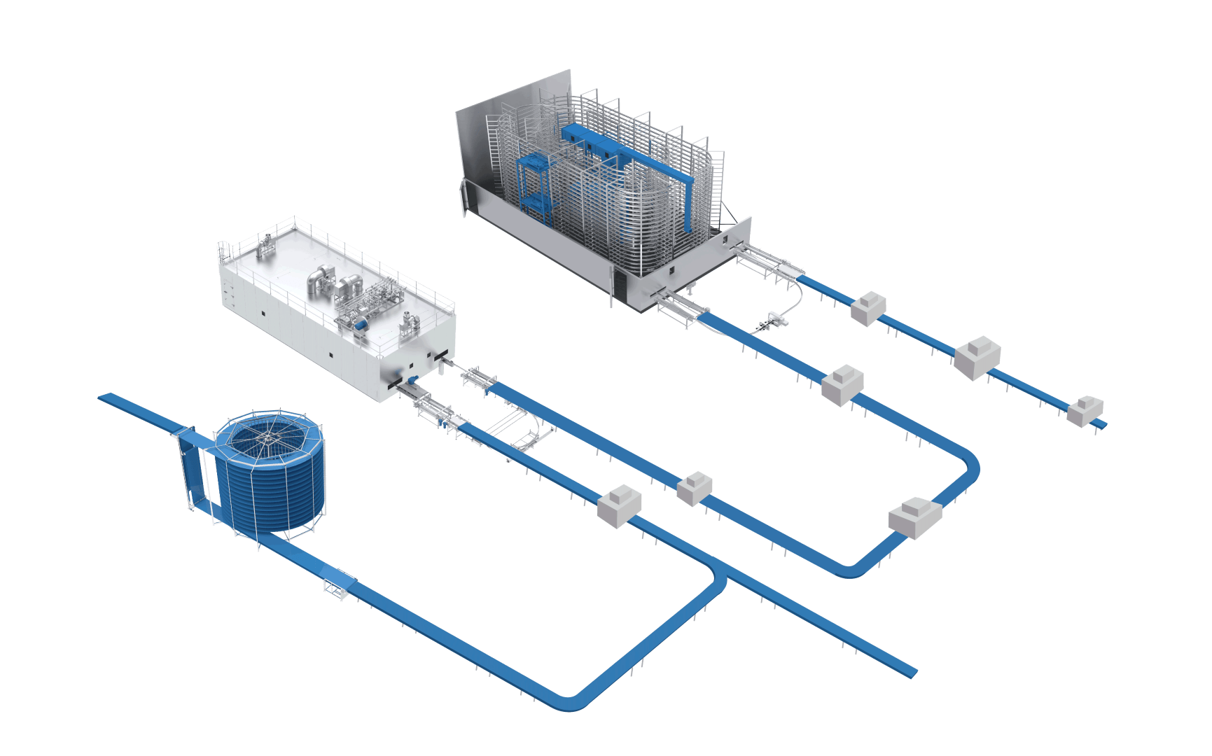 3D diagram showing an industrial facility with interconnected tanks, pipelines, and machinery, illustrating a flow process between storage, processing, and distribution units.