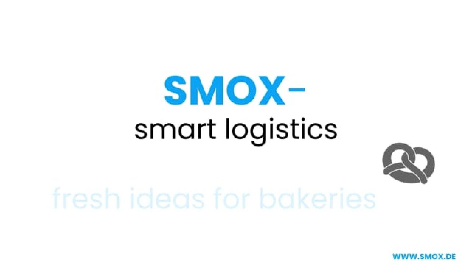 White background with the text “SMOX– smart logistics” in blue and black. Below, faint blue text reads “fresh ideas for bakeries.” A gray pretzel icon is on the right, and a web address “WWW.SMOX.DE” is in the bottom right corner.