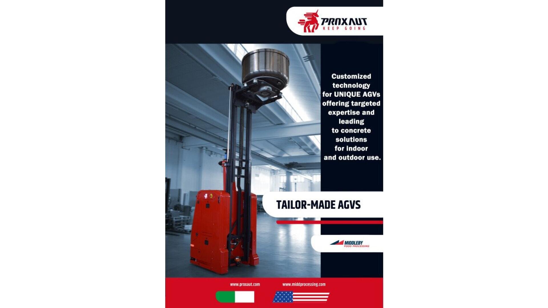 Ein rotes fahrerloses Transportsystem (FTS) mit einer erhöhten Plattform befindet sich in einem Industrielager. Das Bild enthält einen Text, der für maßgeschneiderte FTS wirbt, und zeigt die Logos von PRINXIT und Midwest Engineered Systems.