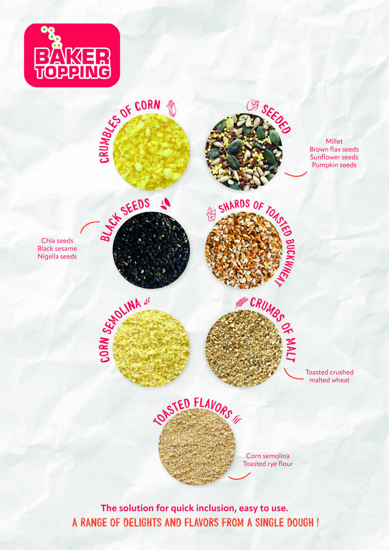 Six circular piles of various seeds and grains are arranged vertically, each labeled with names like Crumbles of Corn, Black Seeds, and Toasted Flavors, on a white background with the title Baker Topping.