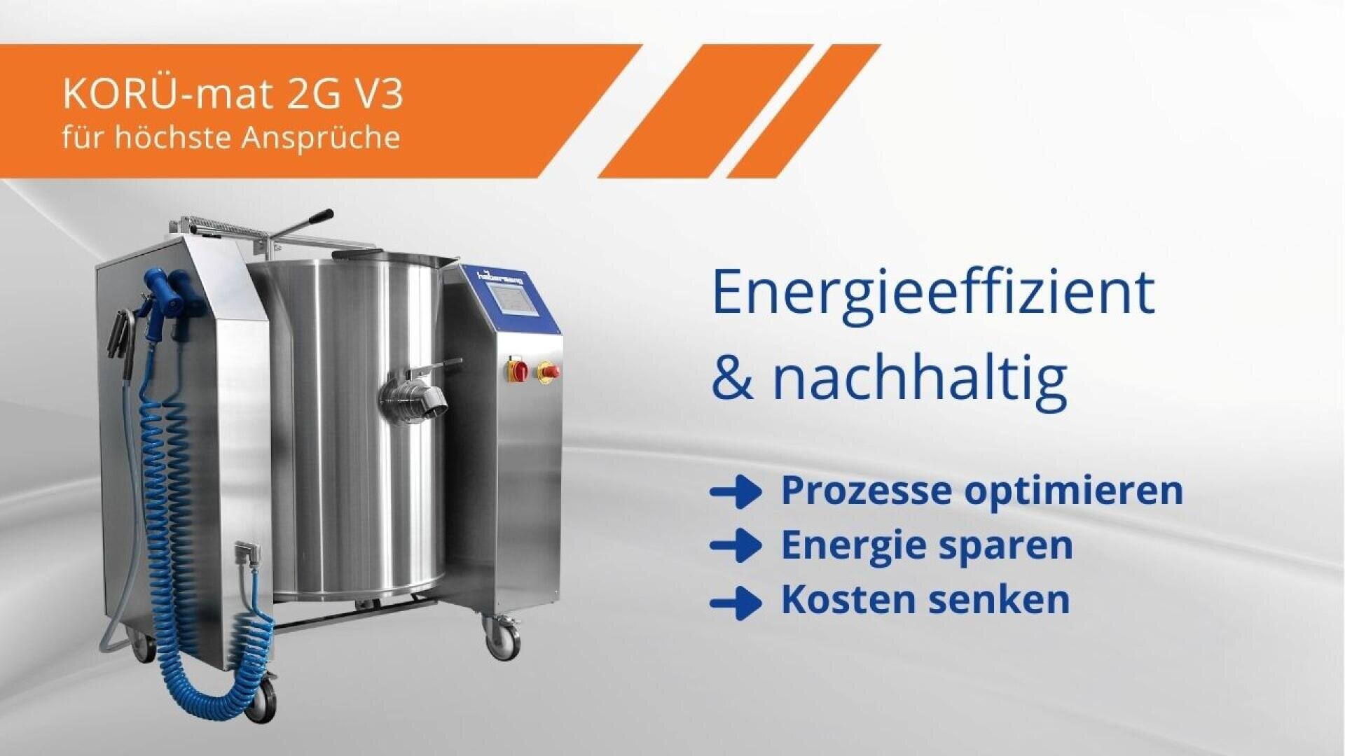 Auf der linken Seite steht eine Industriemaschine aus Edelstahl mit blauen Schläuchen und einem digitalen Bedienfeld. Der Text hebt Energieeffizienz, Nachhaltigkeit und Kosteneinsparungen in deutscher Sprache hervor. Im Hintergrund erscheinen orangefarbene und blaue Grafiken.