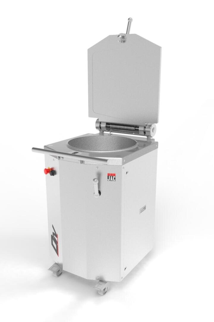 A commercial dough divider machine with a stainless steel finish, open lid, control buttons on the side, and wheels for mobility, set against a plain white background.
