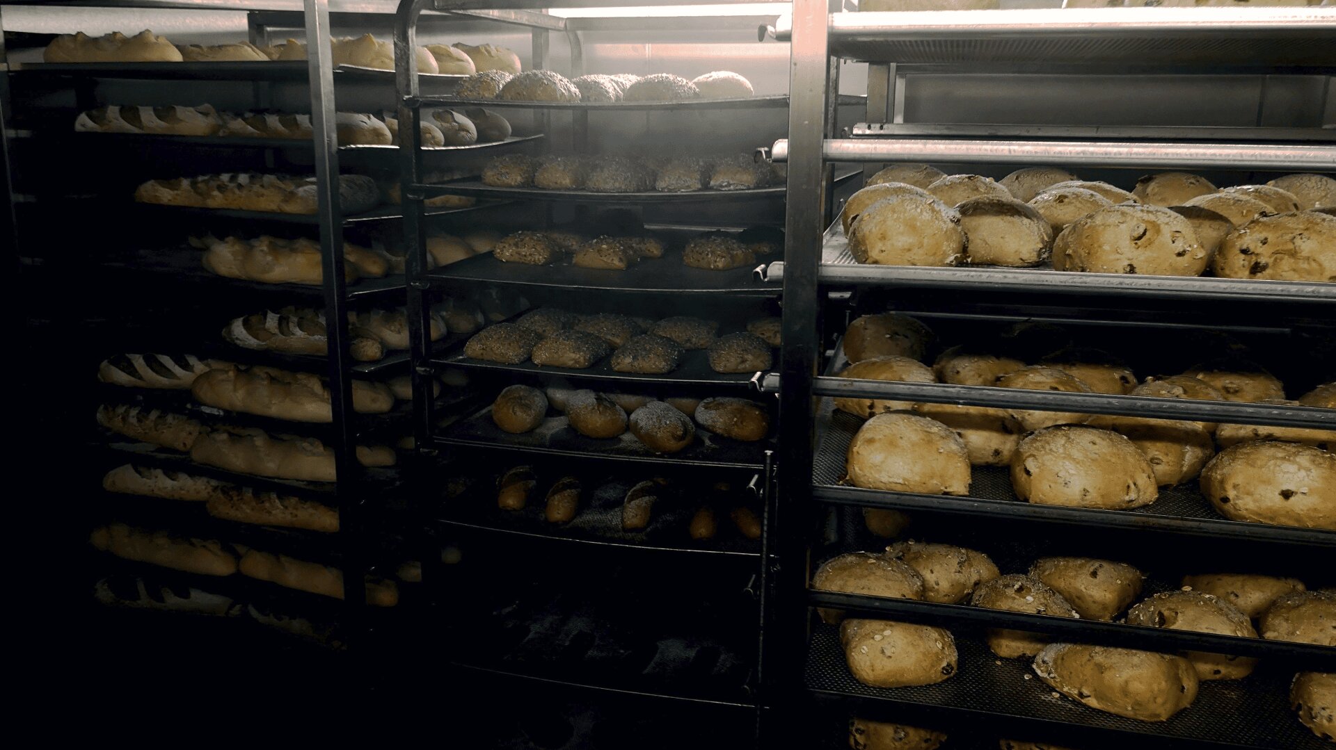 In einer Bäckereiküche stapeln sich mehrere Regale mit frisch gebackenen Brötchen, Baguettes und Broten. Die Brote haben eine goldene Kruste und einige sind mit Samen bestreut. Der Raum ist schummrig beleuchtet.