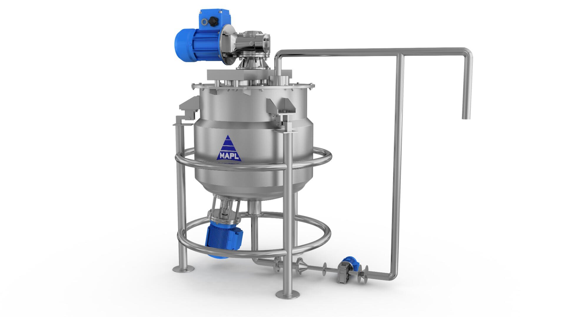 A stainless steel industrial mixing tank with a blue motor on top, support rings, attached pipes, and a blue valve, designed for processing liquids. The tank has the MAPL logo on its front.