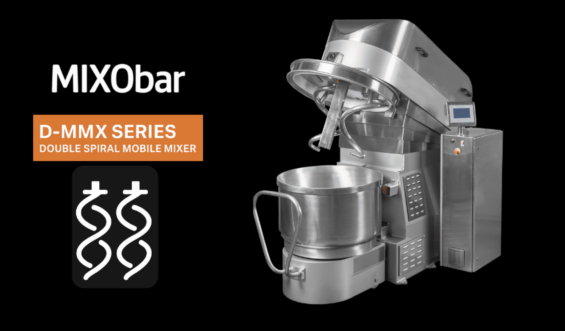 Ein großer industrieller Spiralmischer mit einer Metallschüssel und einem Bedienfeld mit der Aufschrift „MIX0bar D-MMX SERIES DOUBLE SPIRAL MOBILE MIXER“ auf schwarzem Hintergrund mit einem weißen Doppelspiralsymbol.