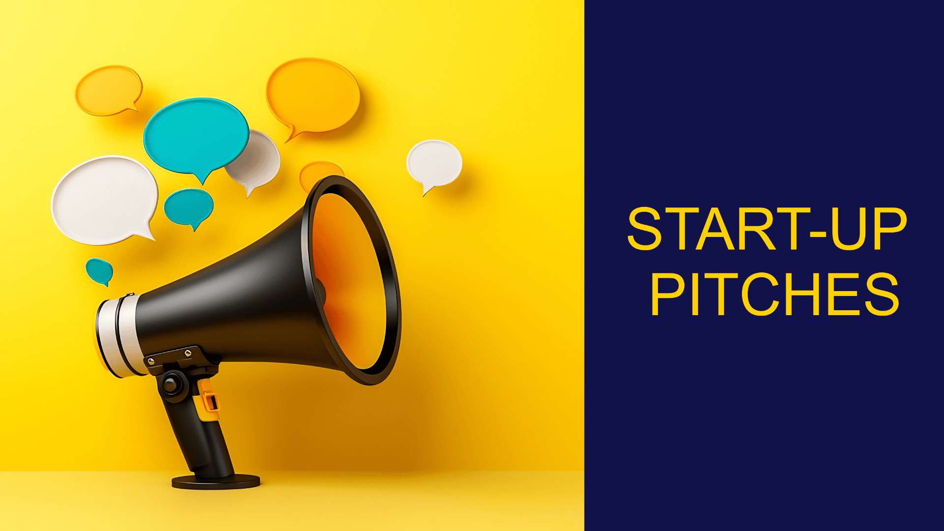 Ein Megaphon mit bunten Sprechblasen auf gelbem Hintergrund, daneben eine marineblaue Tafel mit dem Text START-UP PITCHES in gelben Großbuchstaben.