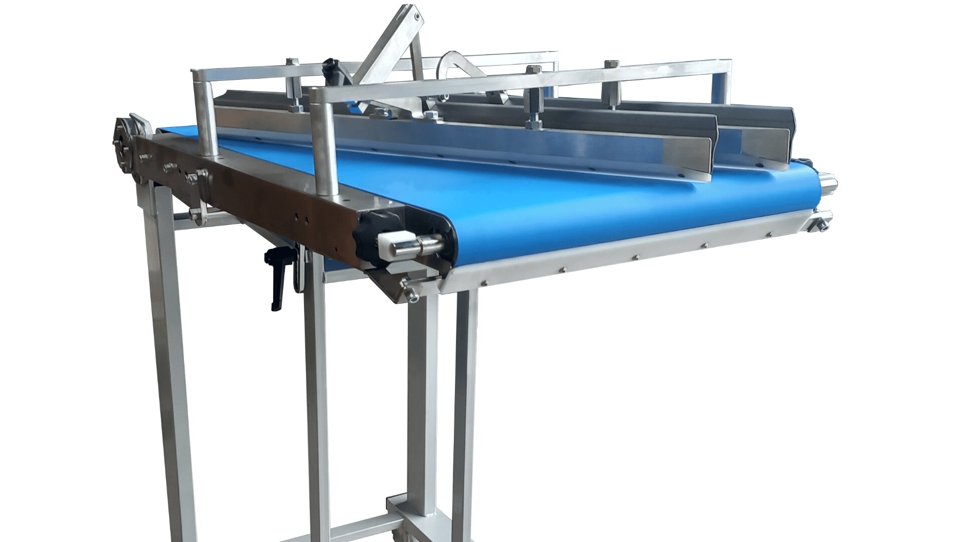 A stainless steel conveyor system with a blue belt, featuring metal guides and frames, designed for transporting items in an industrial or manufacturing setting.