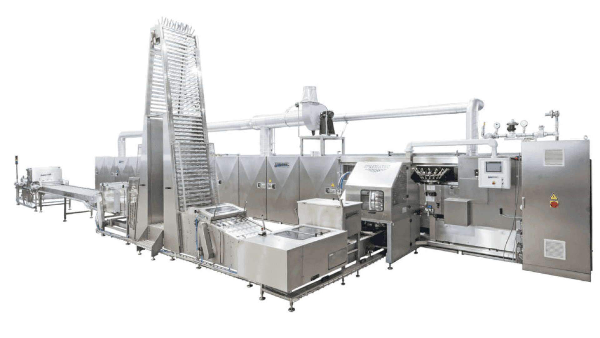 A large, industrial stainless steel food processing machine with conveyor belts, control panels, and multiple compartments, designed for automated production in a factory setting.