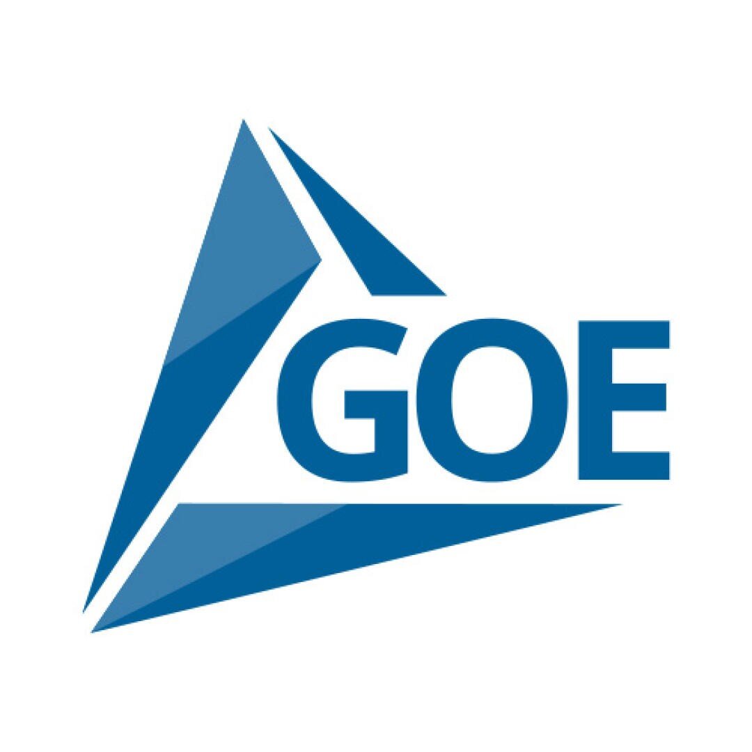 Blue geometric triangular logo with the bold blue letters GOE on the right side, set against a white background. The triangle is composed of three separate shapes, creating a dynamic, modern design.