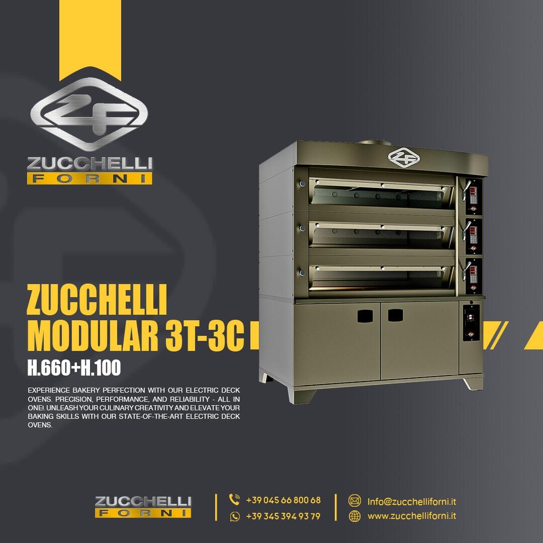Promotional image for Zucchelli Forni featuring the Modular 3T-3C electric deck oven, with product details, contact info, and branding on a gray and yellow background.