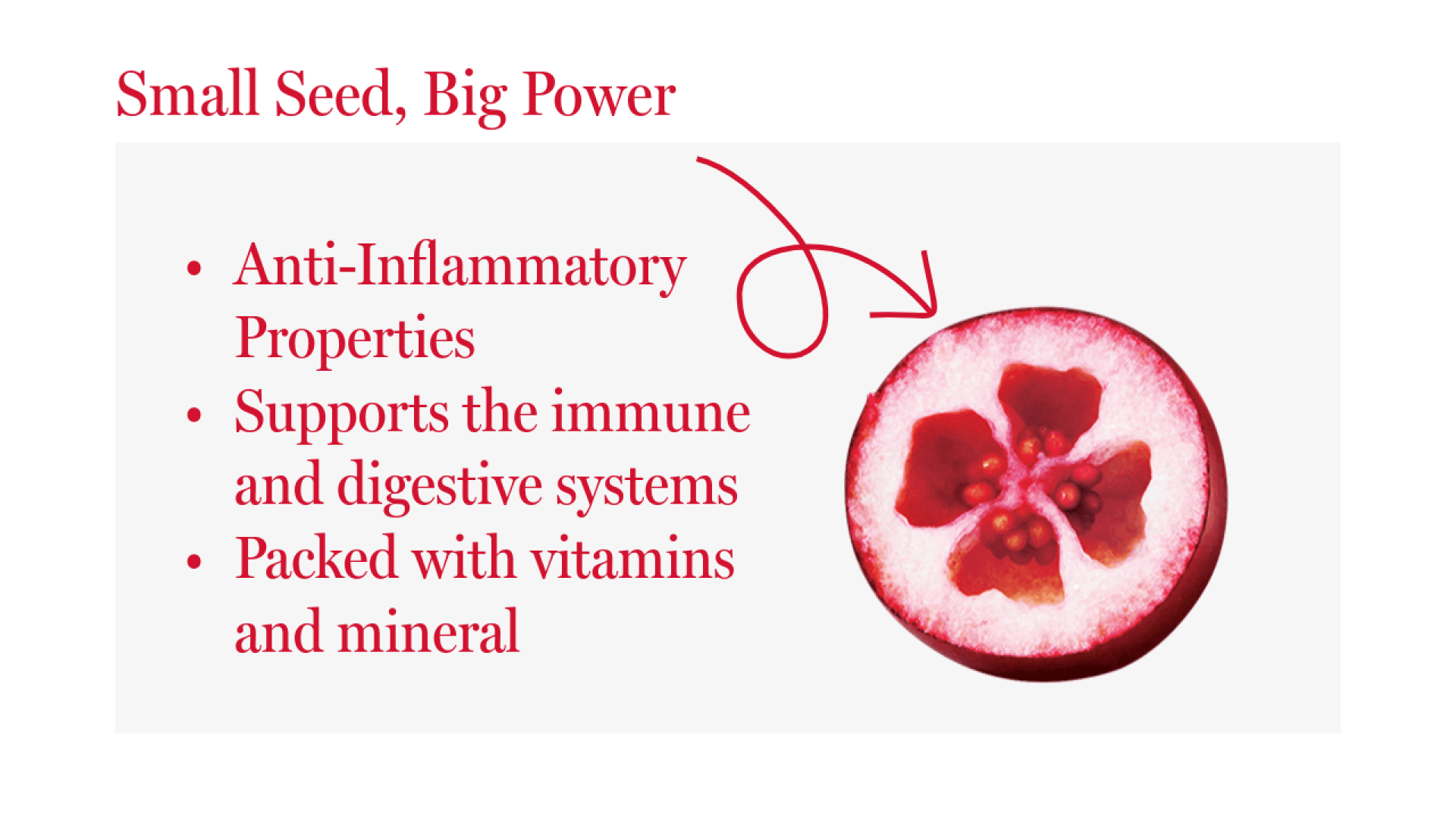 A sliced pomegranate is shown next to text listing its benefits: anti-inflammatory properties, immune and digestive support, and being packed with vitamins and minerals. An arrow points from the text to the pomegranate.