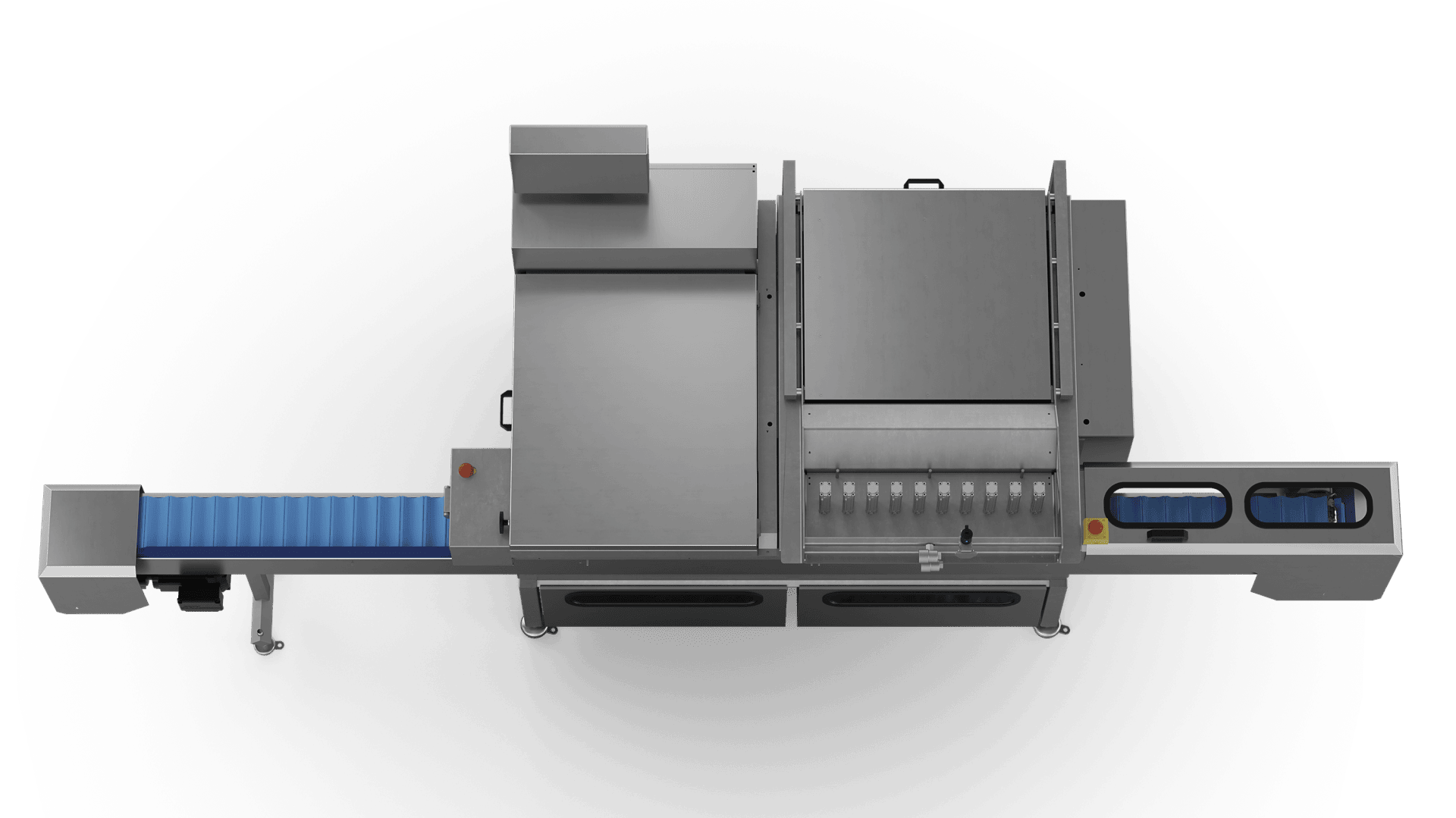 Top view of an industrial food processing machine with a blue conveyor belt on the left, metallic enclosures in the center, and control panels and components visible on the right.