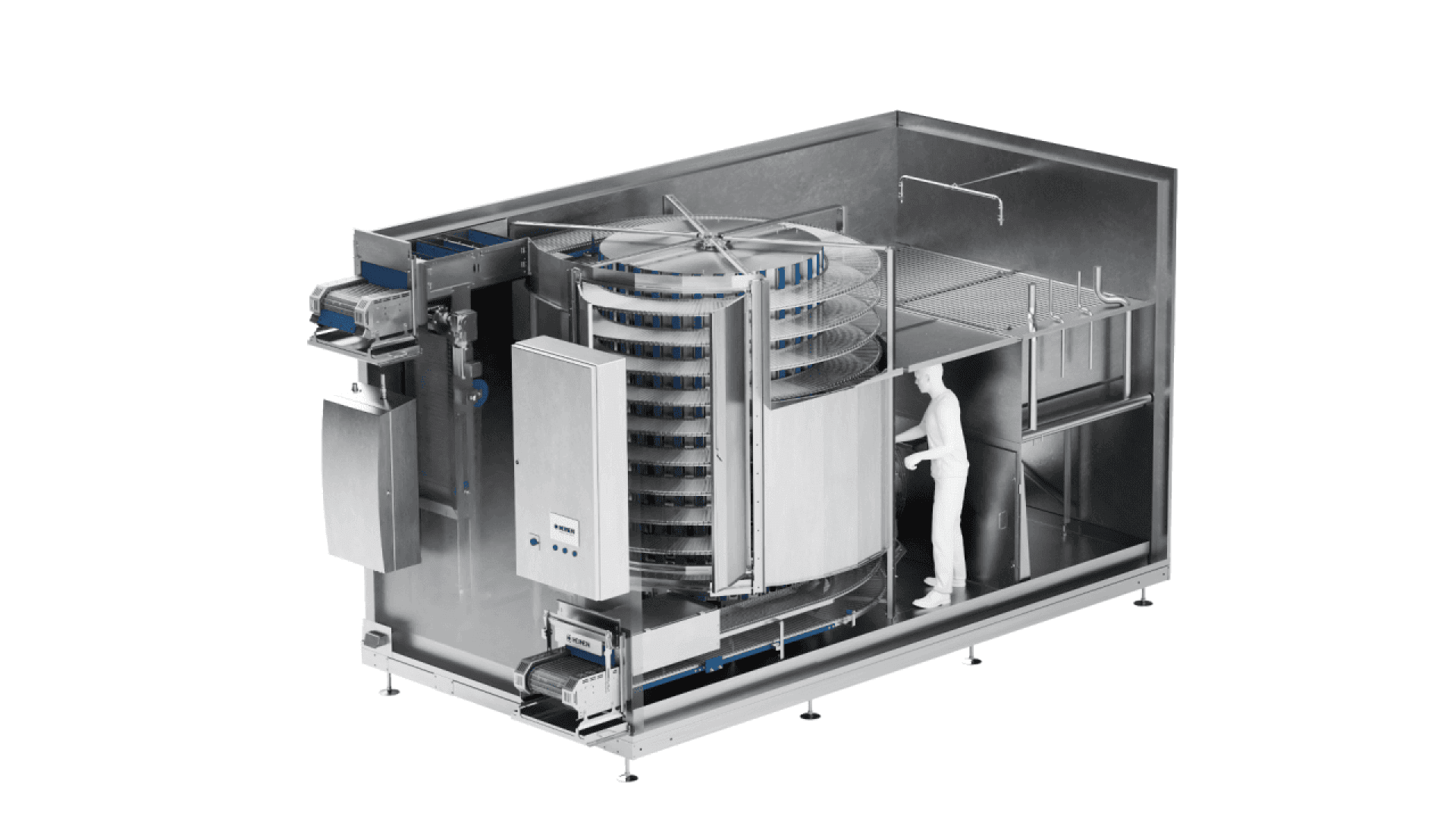 A 3D rendering of a large industrial food processing machine with a spiral conveyor system inside a stainless steel enclosure; a human figure stands inside for scale.