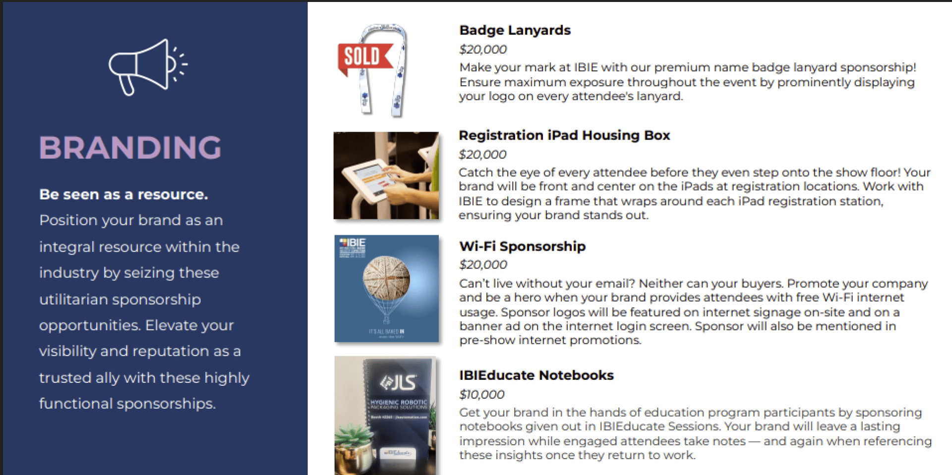 A sponsorship menu offering branding options: Badge Lanyards (sold), iPad Housing Box, Wi-Fi Sponsorship, and IBIEducate Notebooks, each with descriptions and $20,000 price, beside branding strategy text.