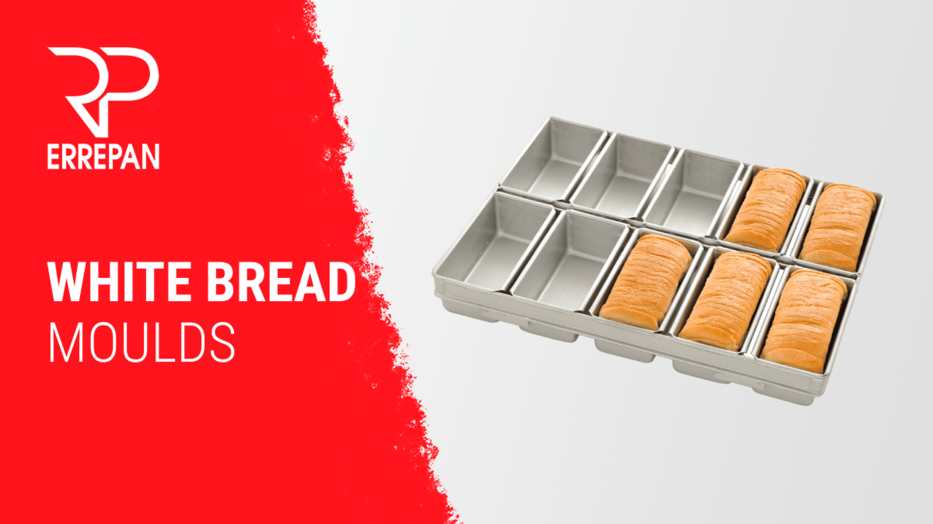 A metal tray with nine compartments, six holding loaves of white bread, is displayed on a white and red background. The text reads ERREPAN WHITE BREAD MOULDS.