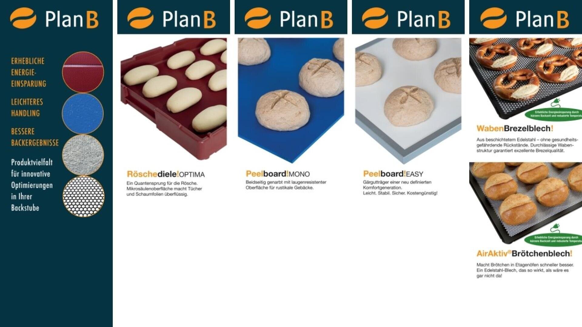 Eine Produktvergleichstabelle für Plan B-Backbleche, die verschiedene Bleche mit Brotteig und gebackenem Brot zeigt, zusammen mit einem Text, der Merkmale wie Energieeinsparung, einfachere Handhabung und innovative Optimierung hervorhebt.