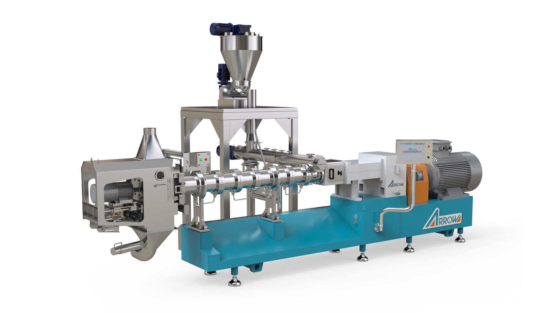 A large industrial food extruder machine with a silver and blue body, various hoppers, pipes, and a motor, used for processing and shaping food products.