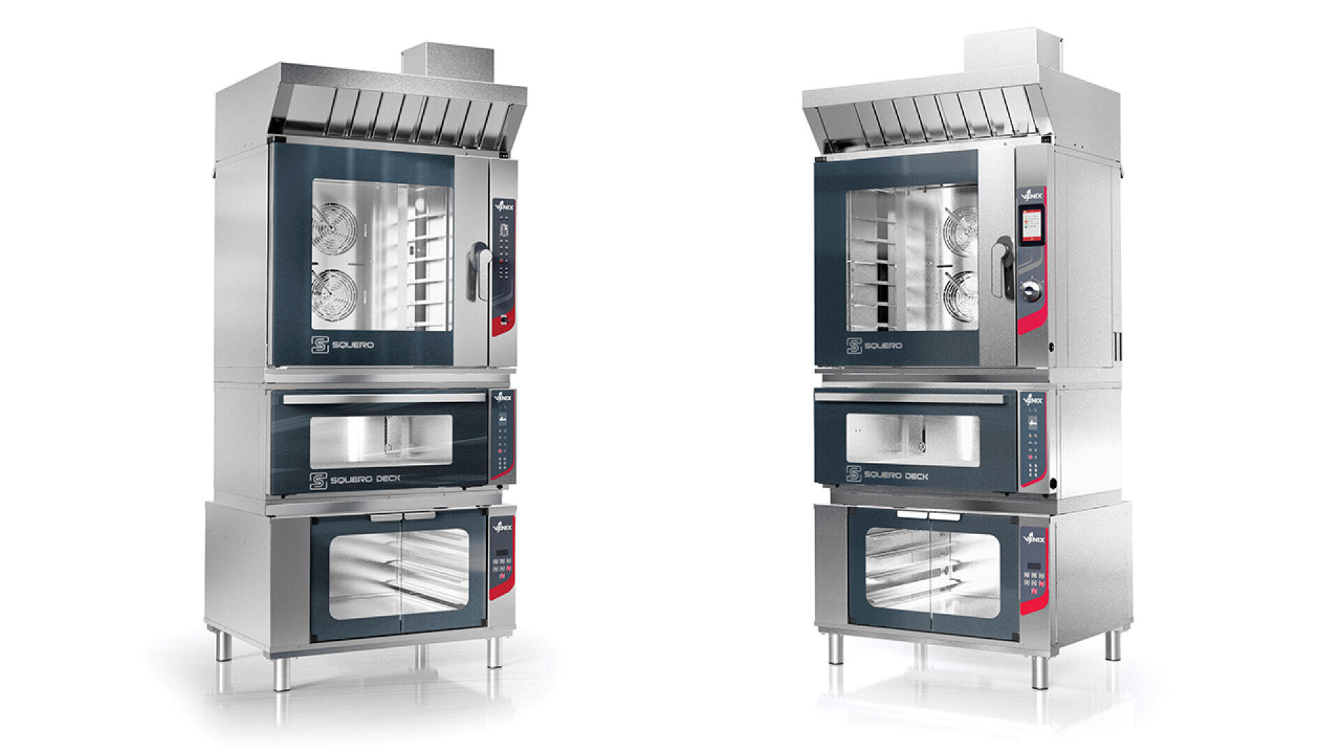 Two large commercial ovens are shown, each with a tall stainless steel design, digital control panels, glass doors, and multiple compartments for baking or cooking, placed side by side on a white background.
