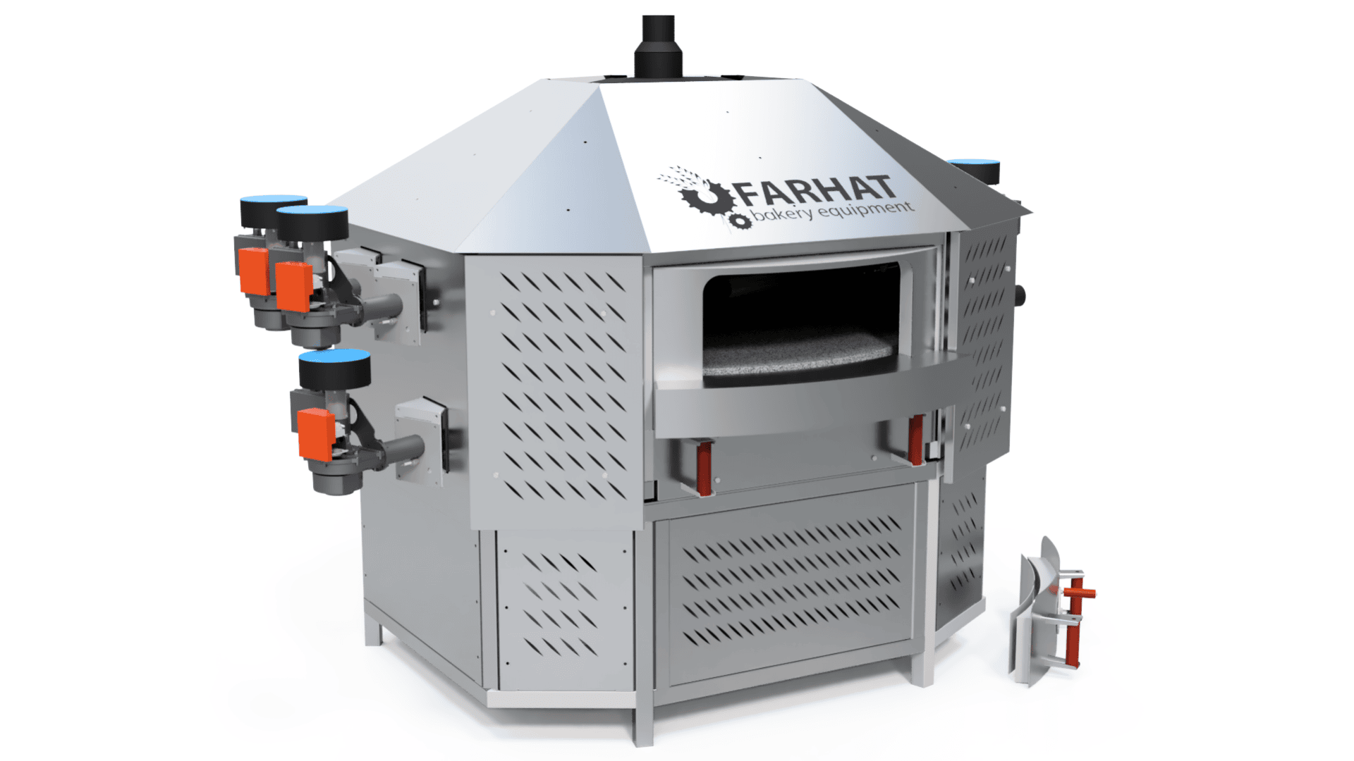 A large, hexagonal industrial bread oven made of metal with the Farhat Bakery Equipment logo, side-mounted control panels, and a front opening; a small spare part is placed on the ground beside it.