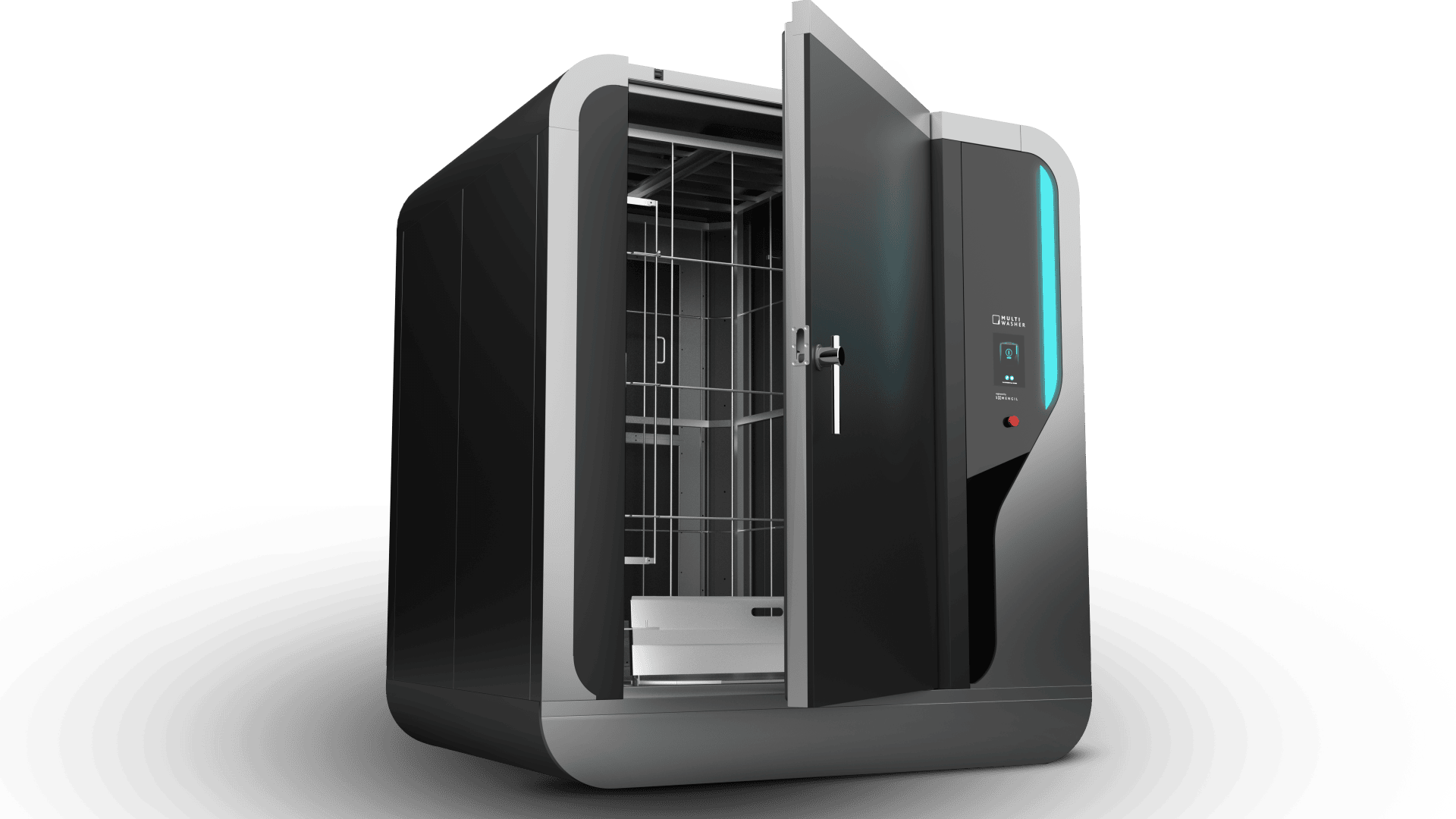 A sleek, modern, black and silver sanitizing chamber with an open door, interior metal racks, and a digital control panel with glowing blue light on the front.