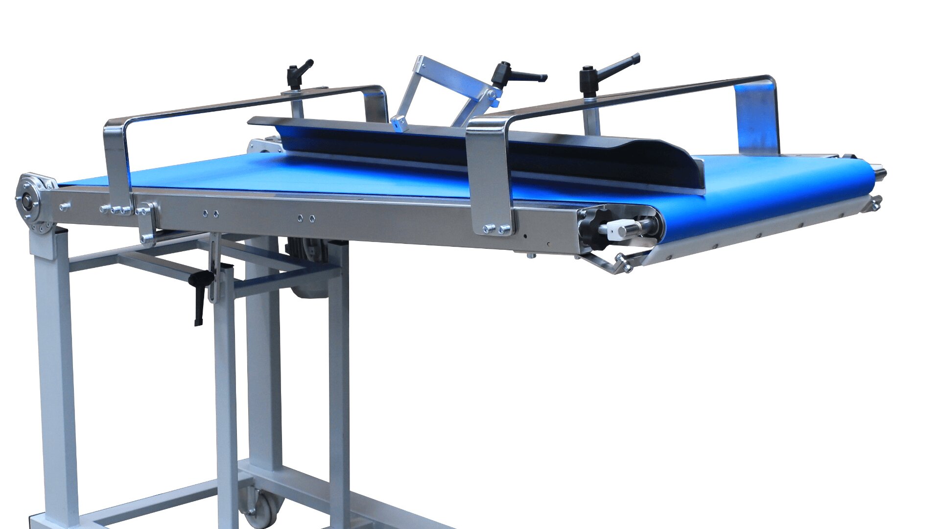 A blue conveyor belt machine with adjustable metal guides and handles, supported by a metal frame, designed for moving or sorting items in an industrial or manufacturing setting.