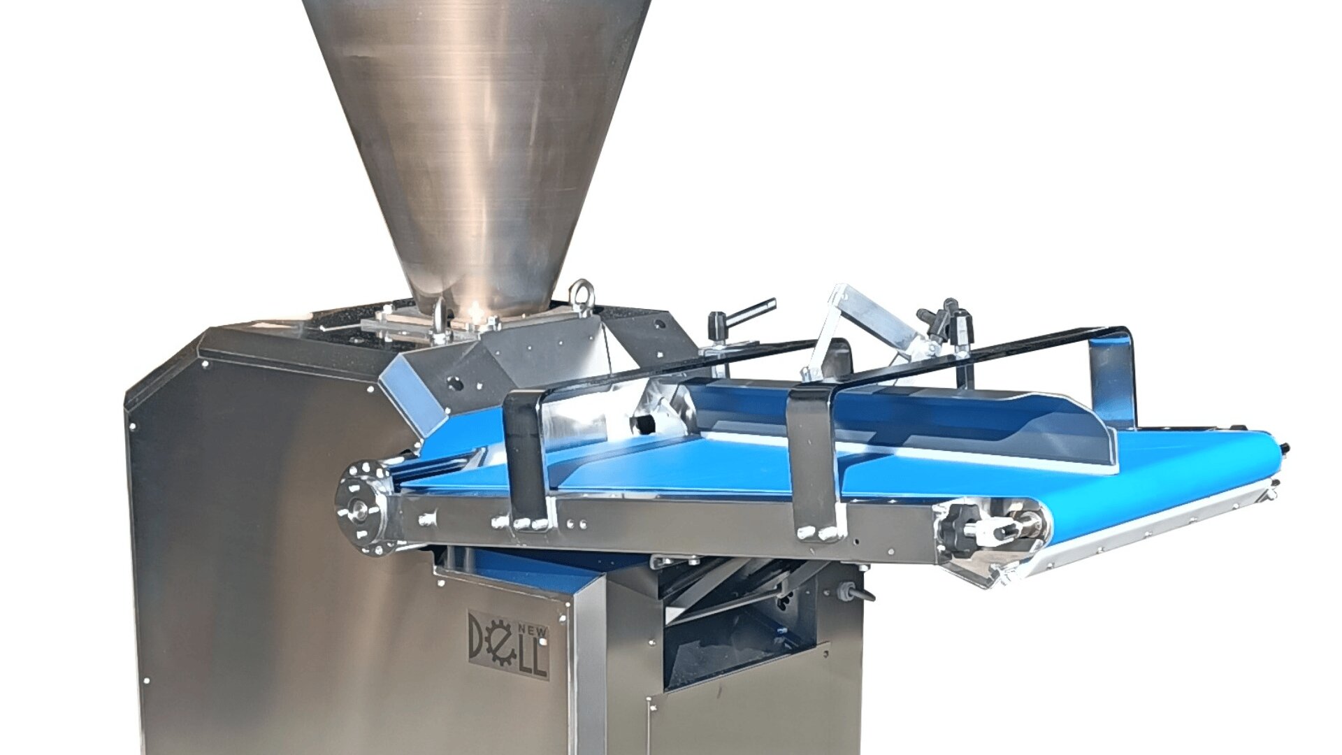 A stainless steel industrial machine with a large conical hopper and a blue conveyor belt, designed for food processing or packaging, isolated on a white background.