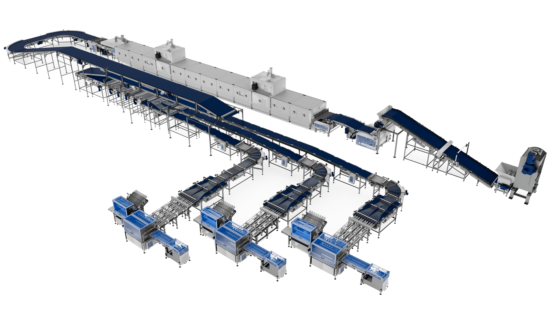 A large industrial food processing and packaging line with conveyor belts, sorting machines, and automated packaging units, arranged in a clean, organized layout on a white background.