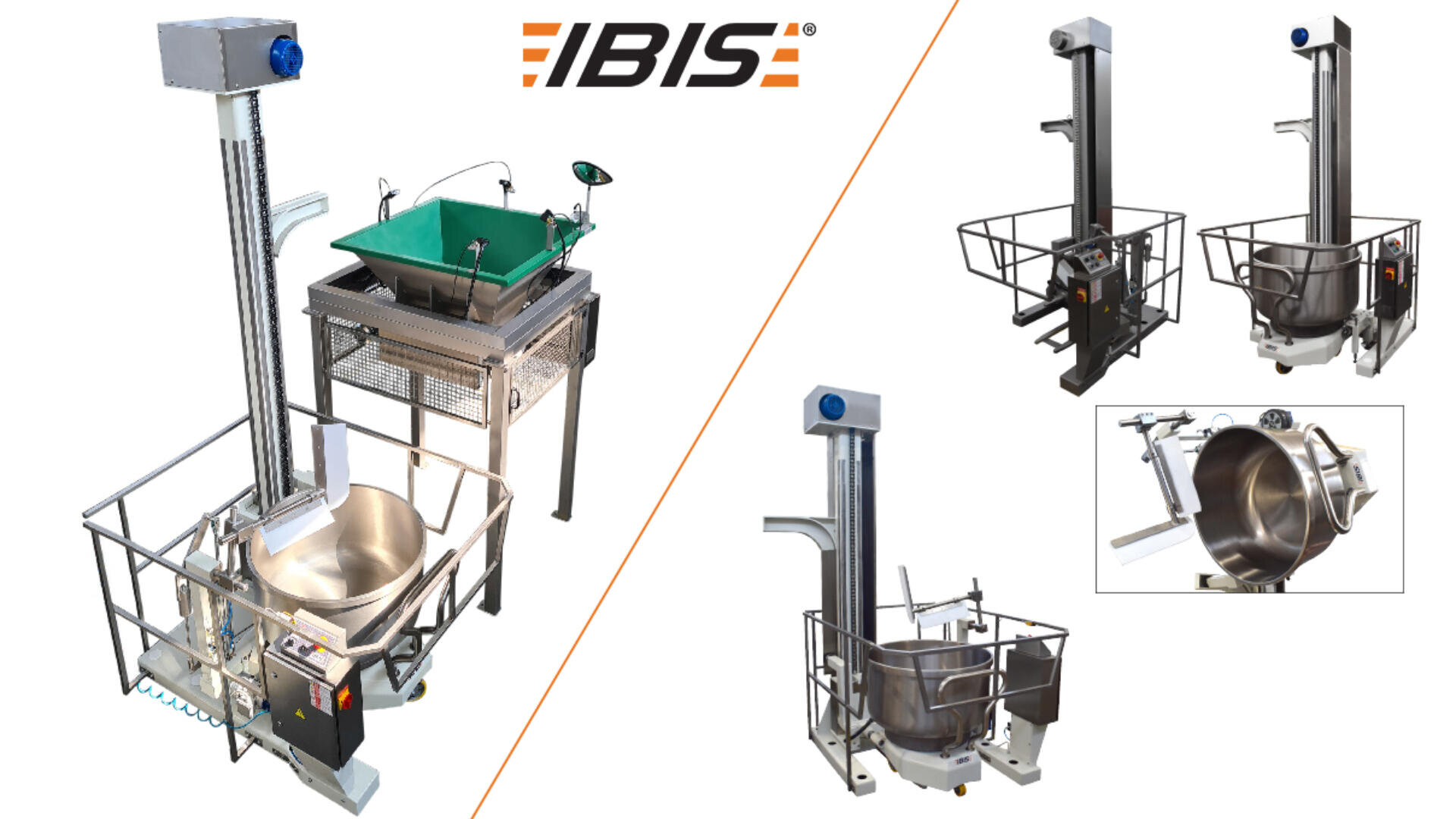 Collage of industrial food processing machines, including bowl lifts and a green tray, with the IBIS logo at the top center on a white background.