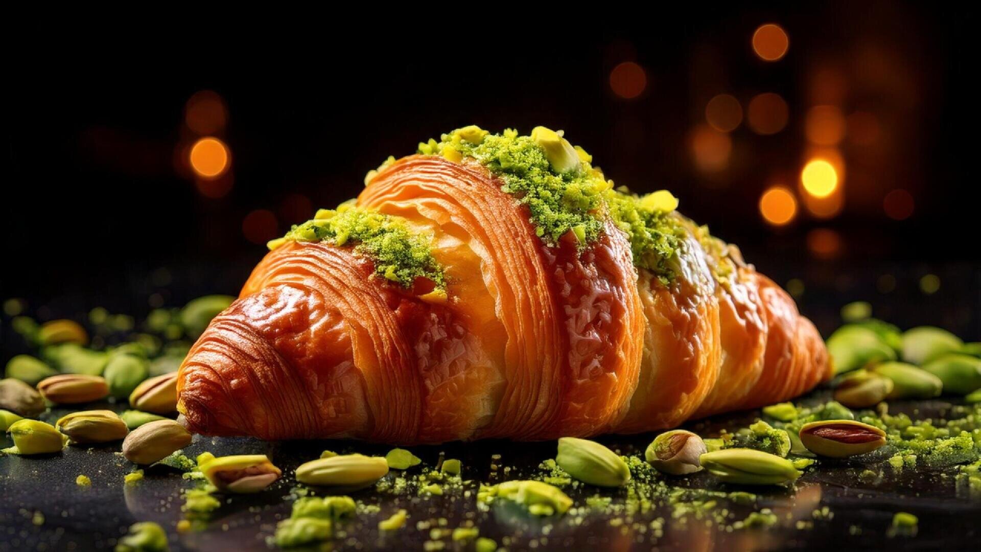 Ein goldenes, blättriges Croissant, belegt mit leuchtend grünen zerstoßenen Pistazien, umgeben von ganzen und geschälten Pistazien, vor einem dunklen Hintergrund mit warmen, verschwommenen Lichtern.